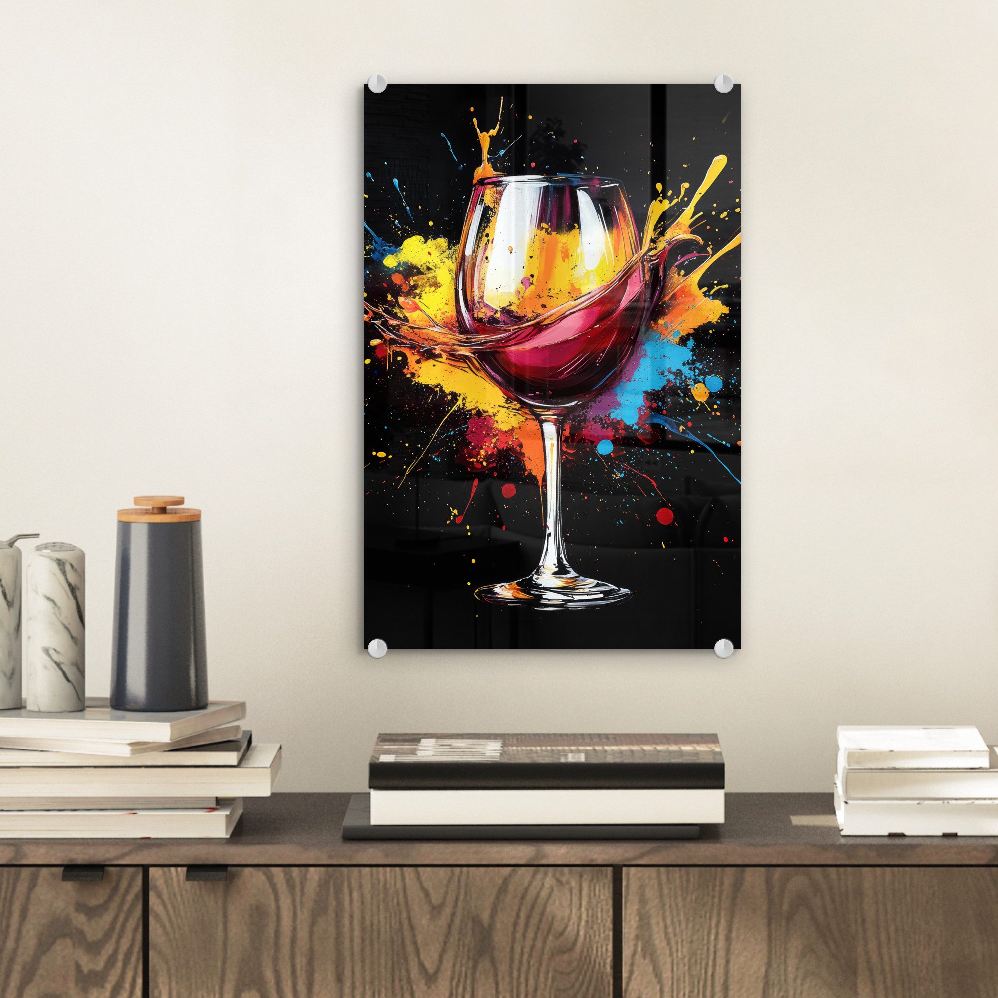 MuchoWow Acrylglasbild Wein - Glas - Graffiti - Getränk - Rot - Farbe, Inkl. Aufhängung, Dekorative Bild für Küche & Wohnzimmer auf Glas, 20x30 cm – Bild 2 von 5