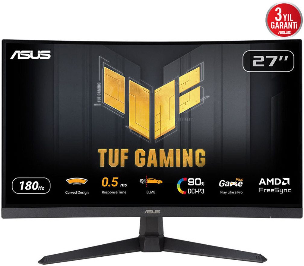 Asus VG27WQ3B Curved-Gaming-Monitor (69 cm/27 ", 2560 x 1440 px, Quad HD, 1 ms Reaktionszeit, 180 Hz, Fast VA)