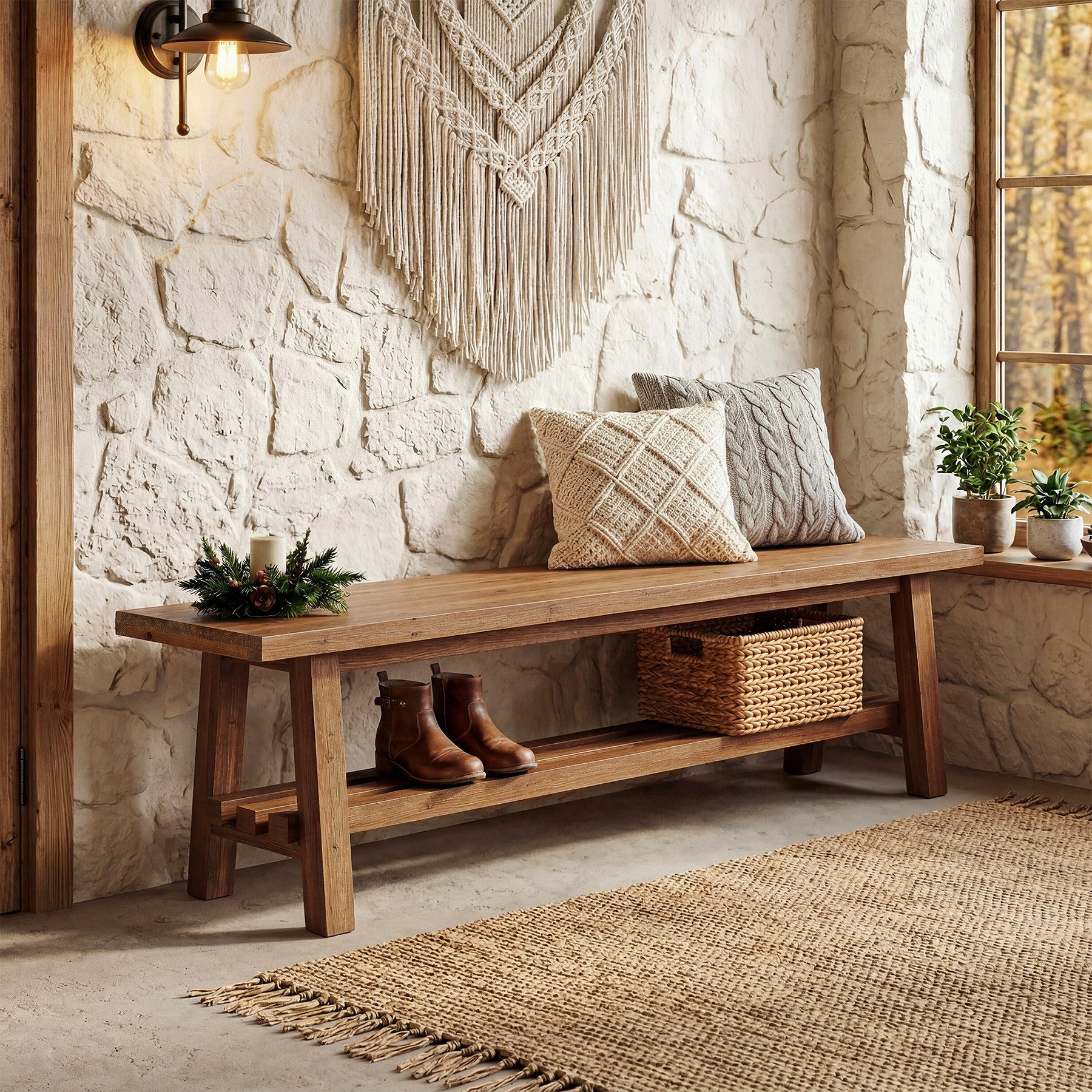Tribesigns Bank 140CM Eingangsbank im Landhausstil mit Lattenablage, Massivholz
