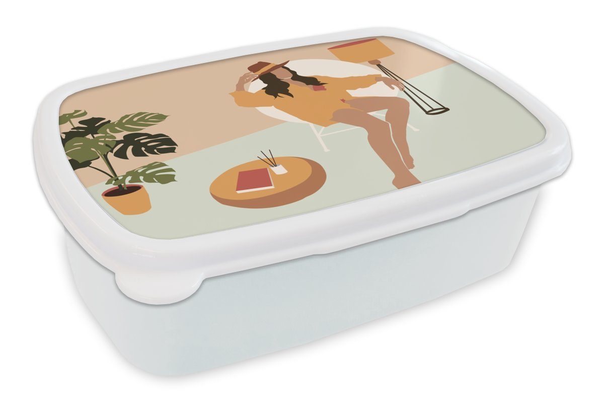 MuchoWow Lunchbox Frauen - Kleidung - Interieur - Pastell, Kunststoff, (2-tlg), Brotbox für Kinder und Erwachsene, Brotdose, für Jungs und Mädchen weiß