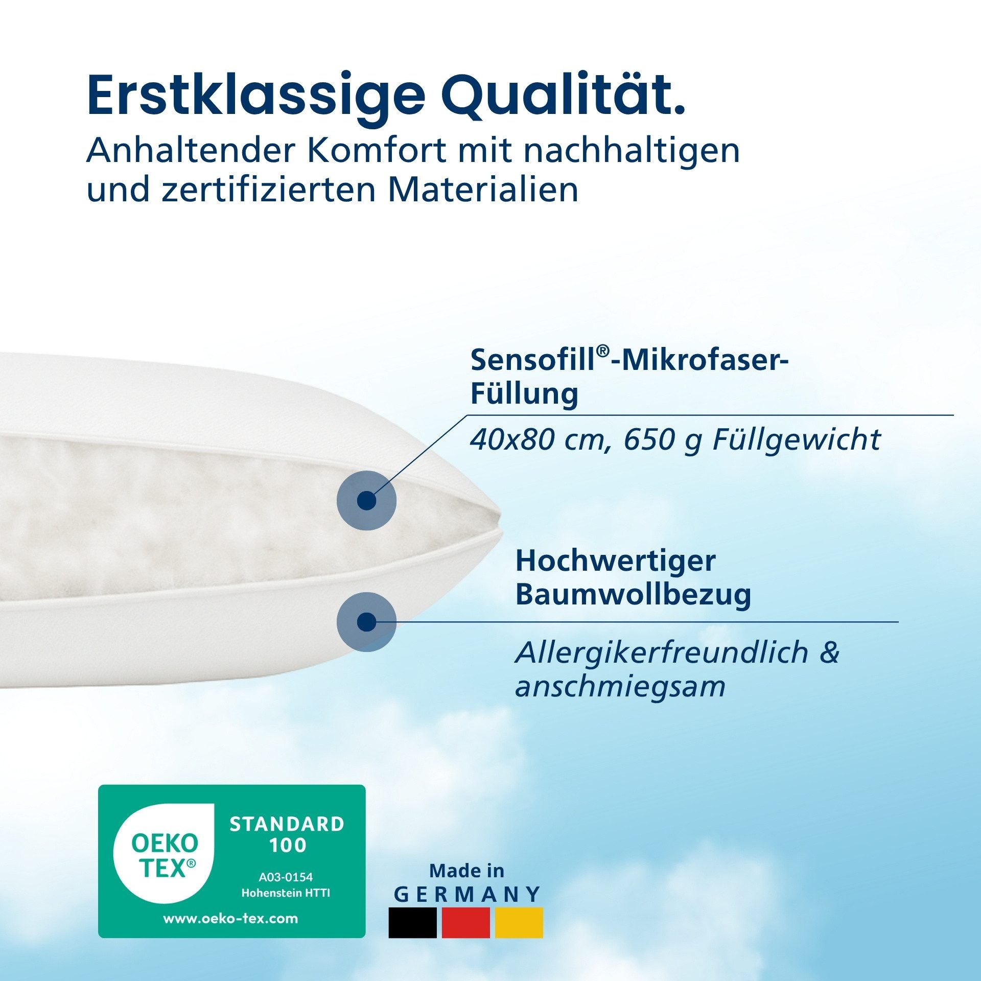 DormiGood Microfaserkissen Premium Kopfkissen Mikrofaser, Allergiker geeignet, Made in Germany, Seitenschläfer, Rückenschläfer, 40x80 cm