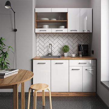 Livinity® Küchenzeile R-Line, Weiß Hochglanz/Goldkraft Eiche, 140 cm, AP Marmor