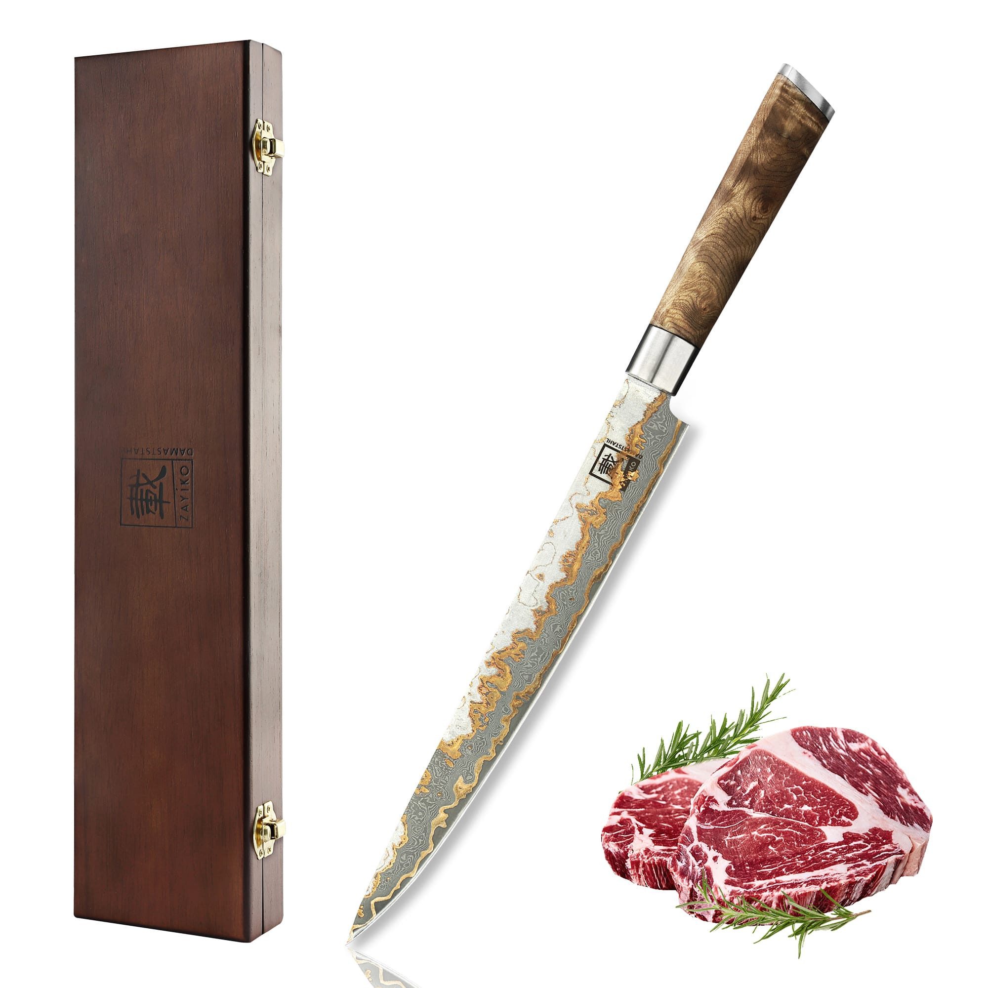 ZAYIKO Asiamesser MysticMagma Sashimi Küchenmesser 25cm Kupfer-Bronze-Damastklinge, Damaststahl, Kupfer-Bronze-Einlage