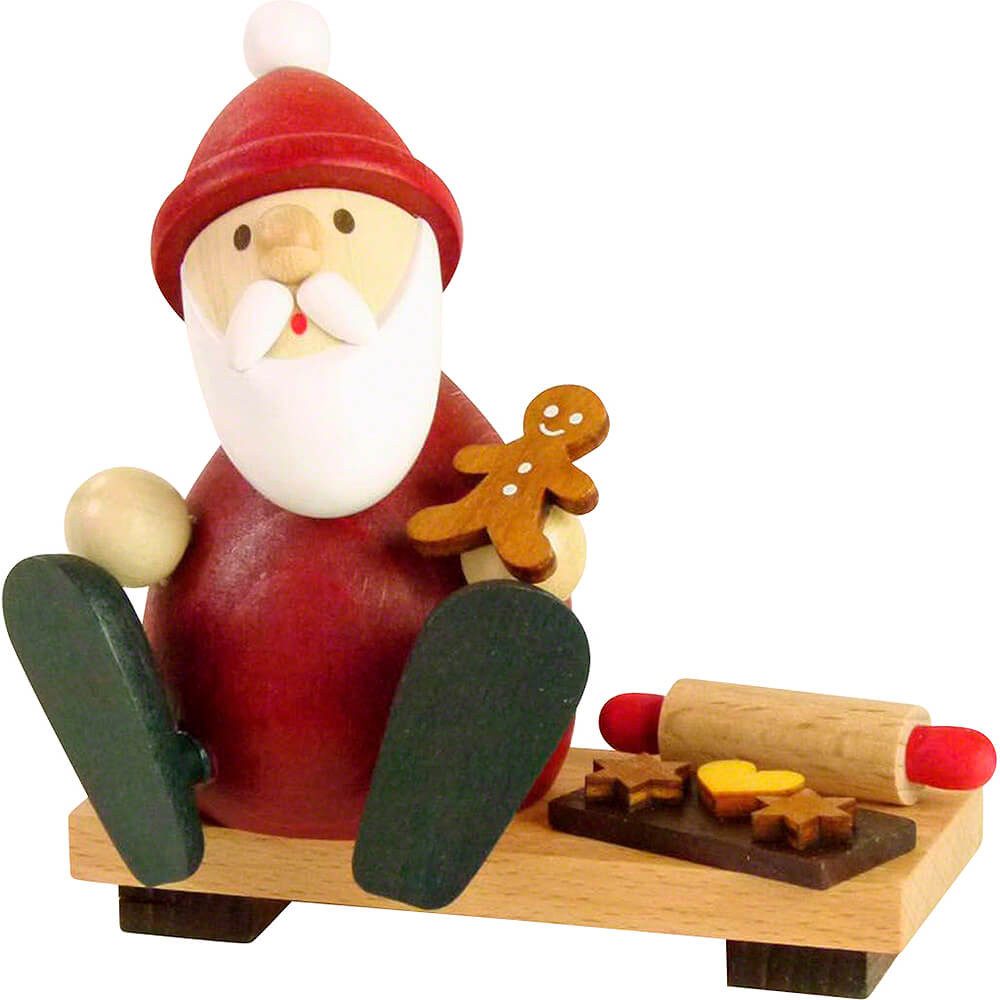 Ullrich Kunsthandwerk Dekofigur Weihnachtsmann auf Bank mit Lebkuchenmann, Backblech und Nudelholz (9c