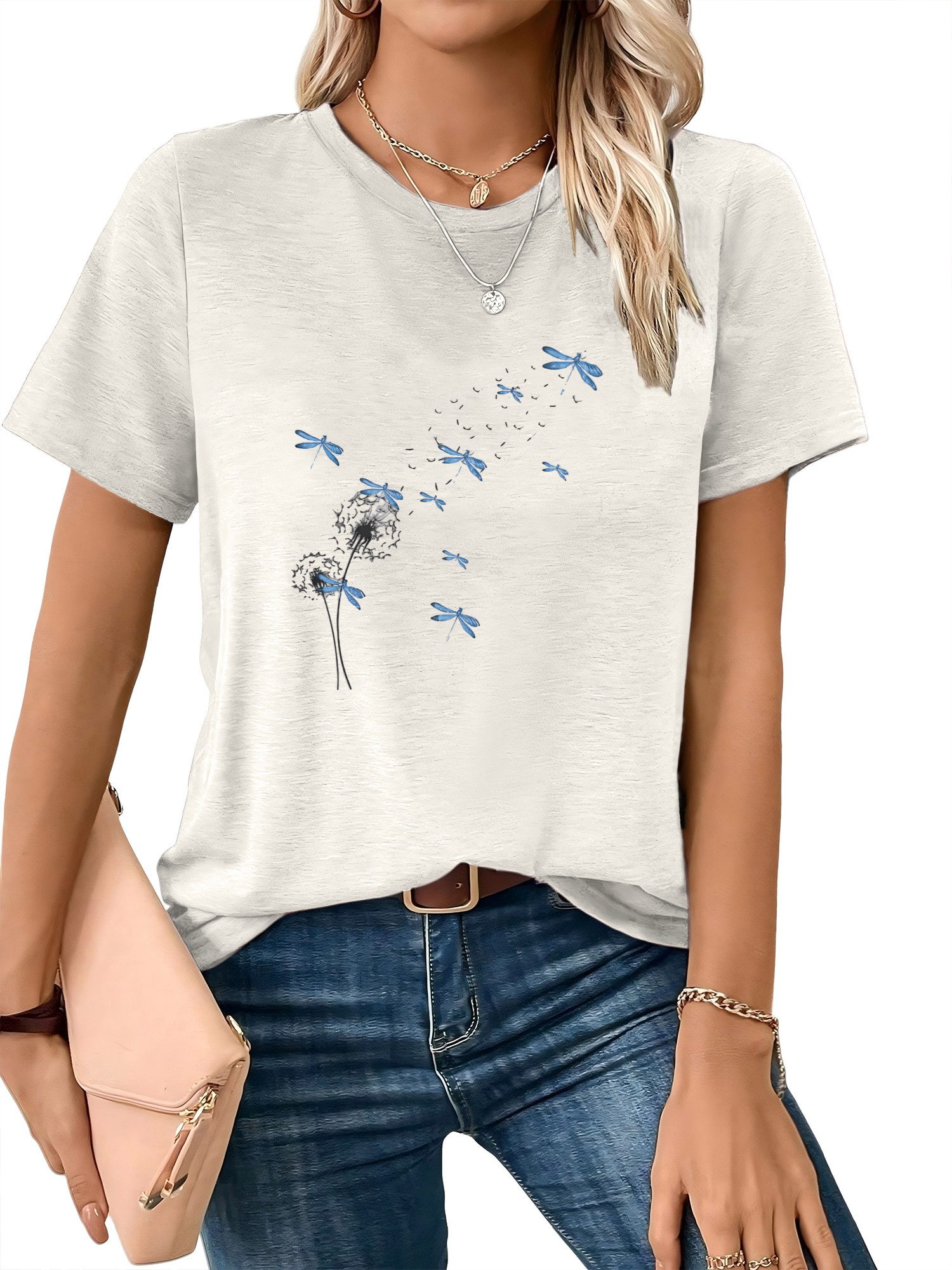 PYLIKE Rundhalsshirt Damen Casual Kurzarmshirt mit Löwenzahn Druck bequemes t shirt Bequem für Freizeit und Büro,Strandurlaub