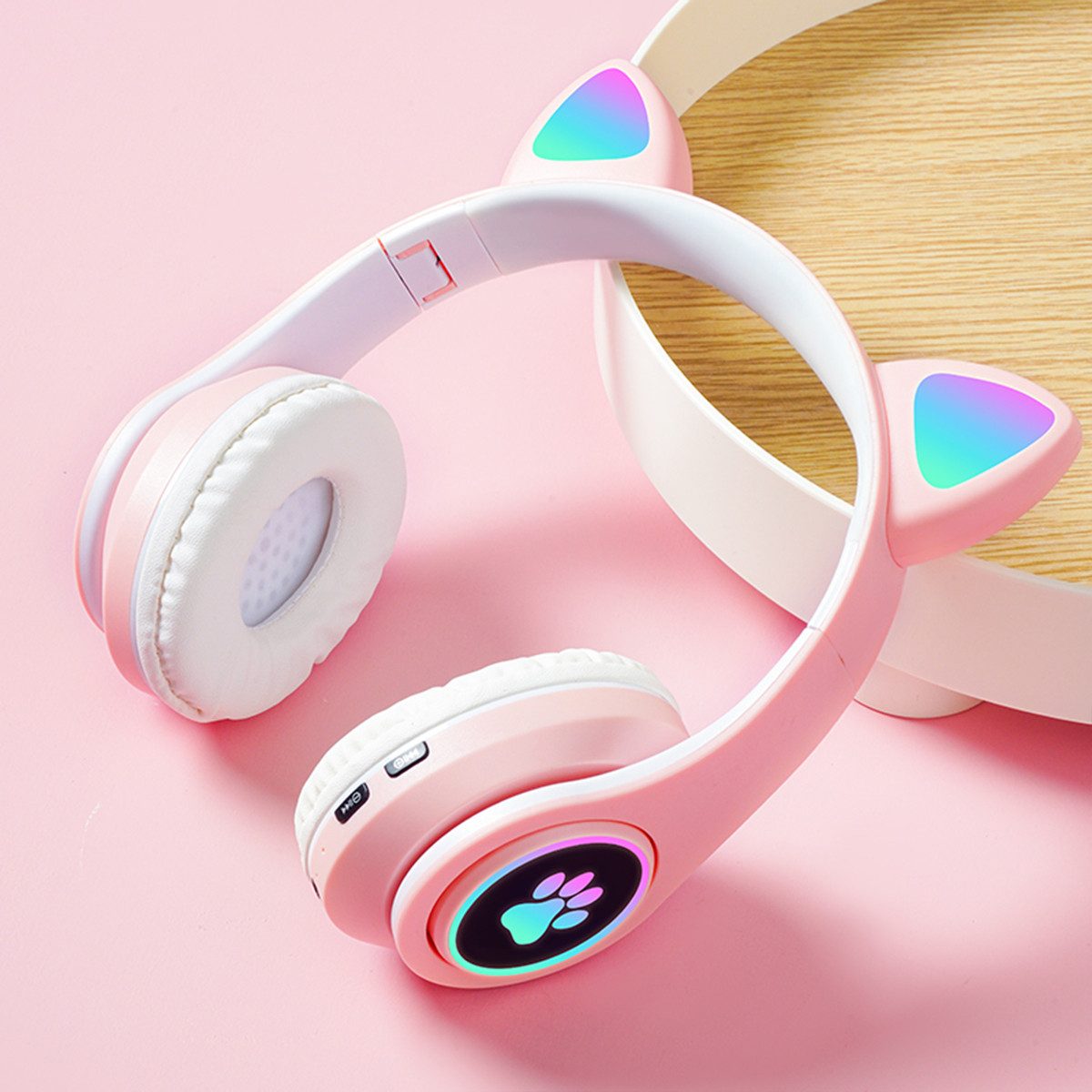 KINSI Bluetooth-Headset, Kopfhörer mit Katzenohren, RGB-LED-Leuchten Kinder-Kopfhörer (AVRCP-Bluetooth, HSP, A2DF Bluetooth, HSF 1.5, Katzenohr-Headset für Mädchen, kompatibel mit Tablet/Computer/Telefon)