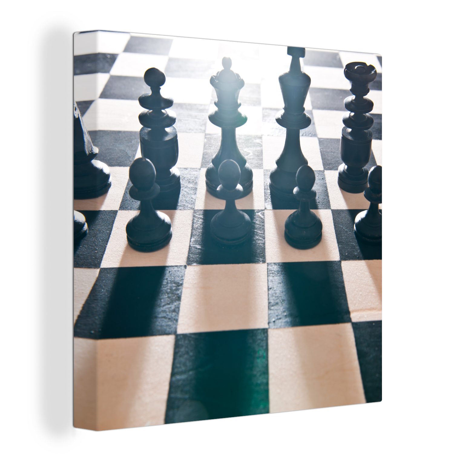 OneMillionCanvasses® Leinwandbild Die schwarzen Schachfiguren auf dem Brett, (1 St), Leinwand Bilder für Wohnzimmer Schlafzimmer