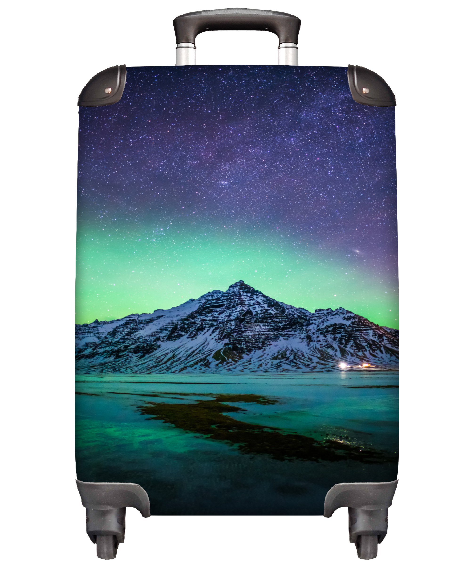 MuchoWow Handgepäckkoffer Berg - Nordlichter - Schweden - Schnee - Grün - Winter, 4 Rollen, Reisetasche mit rollen, Handgepäck für Ferien, Trolley, Reisekoffer