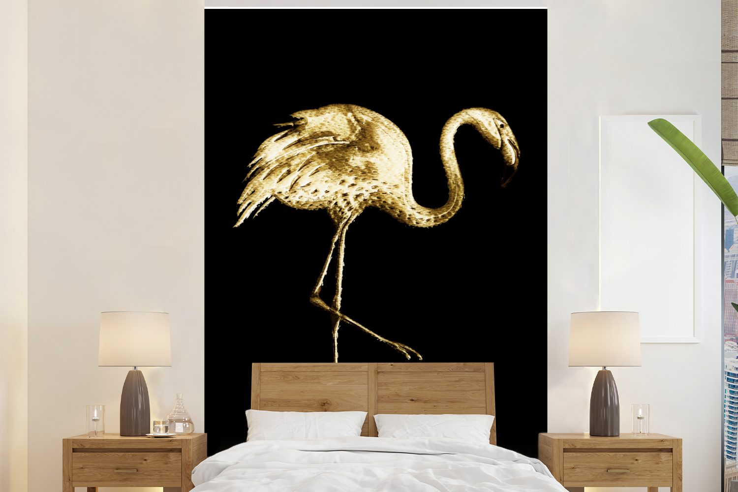 MuchoWow Fototapete Gold - Flamingo - Schwarz, Matt, bedruckt, (3 St), Montagefertig Vinyl Tapete für Wohnzimmer, Wandtapete
