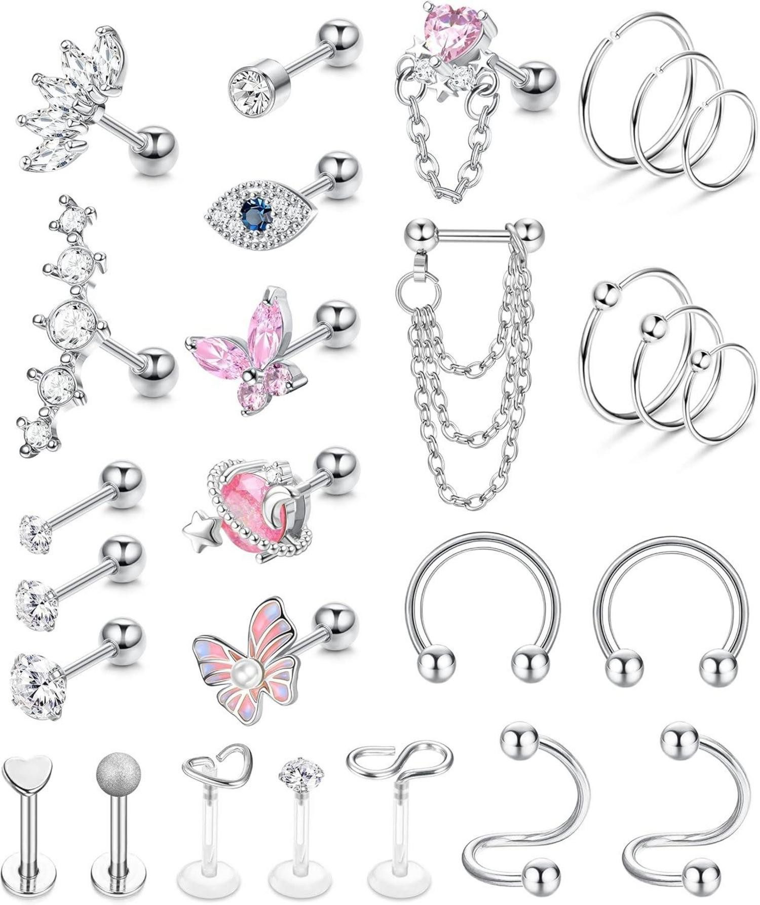 Schmuckset 27 Stück 16G Chirurgenstahl Piercing Set Damen Mädchen CZ Labret Nasen