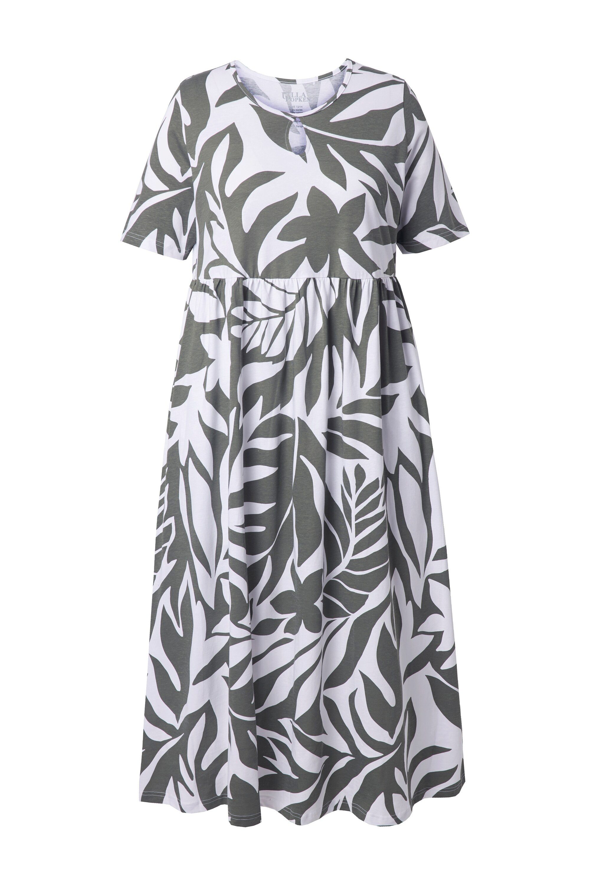 Ulla Popken Maxikleid Maxikleid Blätter A-Linie Rundhals Halbarm