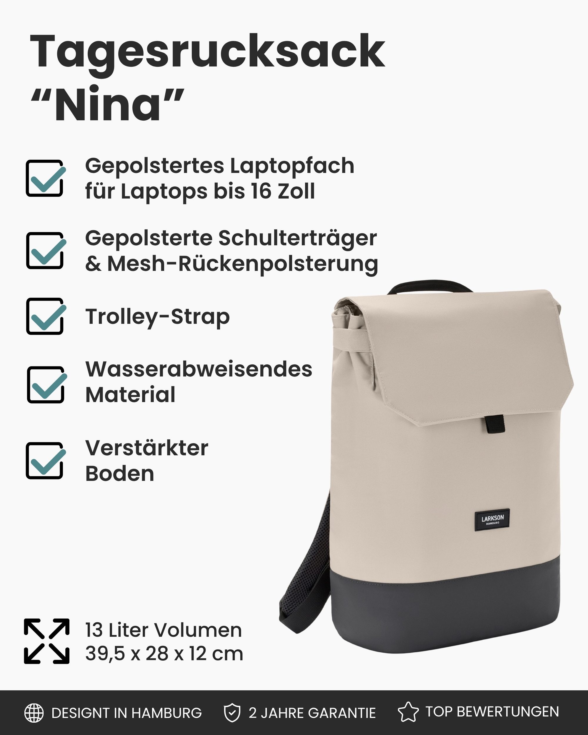 LARKSON Cityrucksack Nina Tagesrucksack für Damen (1-tlg), Damenrucksack mit 16 Zoll Laptopfach, Wasserabweisend