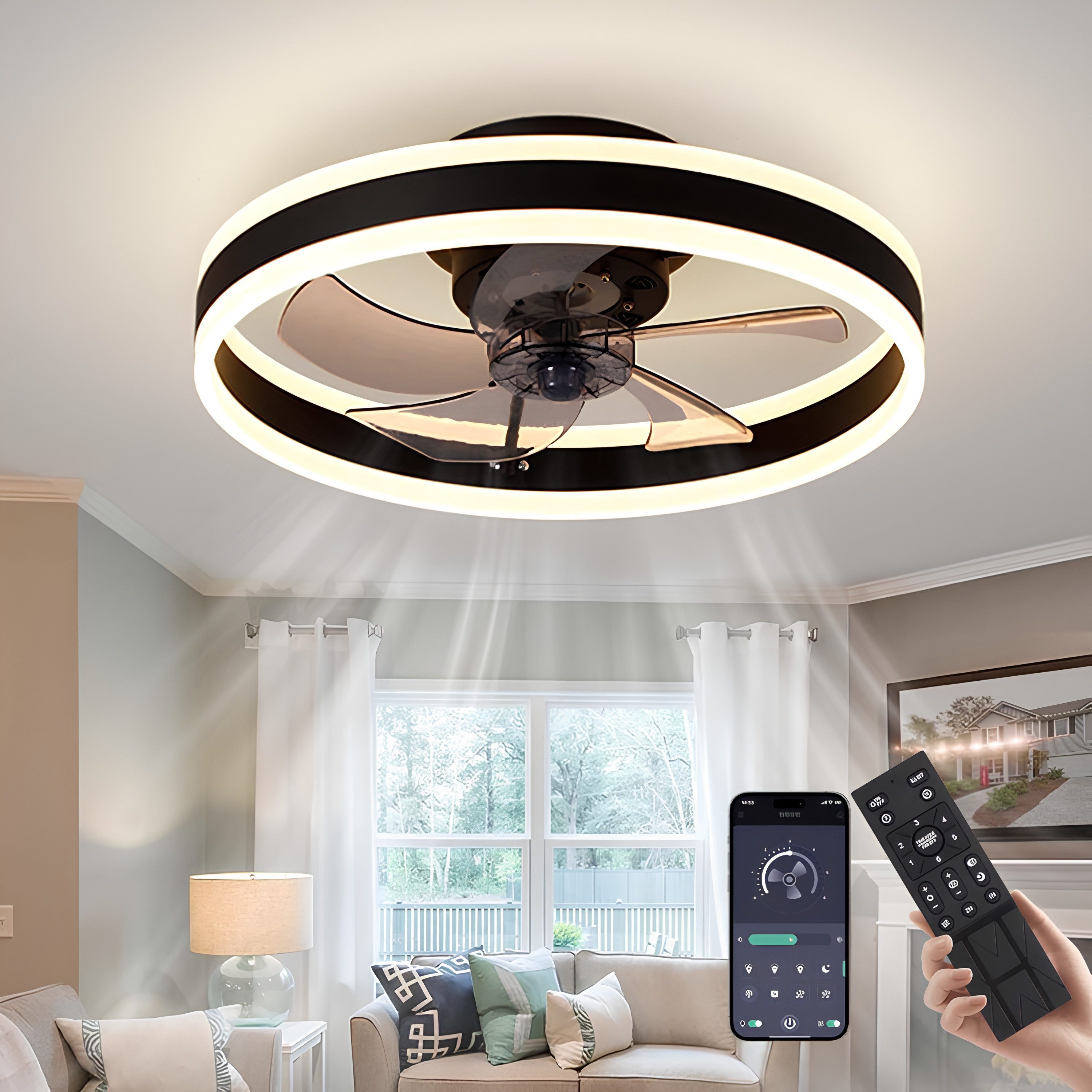 Athlix Deckenventilator Deckenleuchte LED Deckenventilator mit Fernbedienung Deckenleuchte, LED, Verstellbar, 50cm Durchmesser, 24W, 6 Geschwindigkeiten