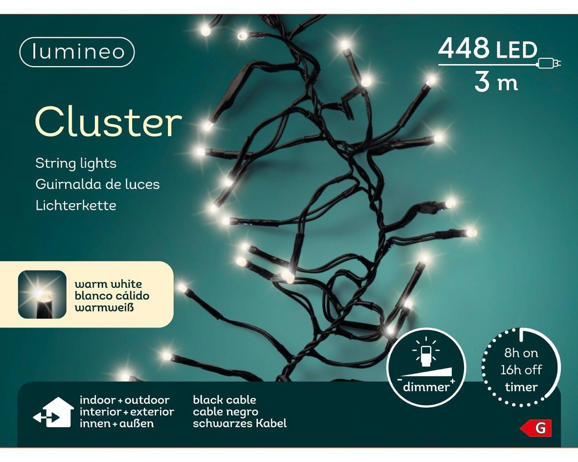 Lumineo LED-Lichterkette »Lichterkette Cluster 448 LED's 3 m warm weiß,  schwarzes Kabel«, Indoor & Outdoor, dimmbar, 8h-Timer, Weihnachten,  Dekoration