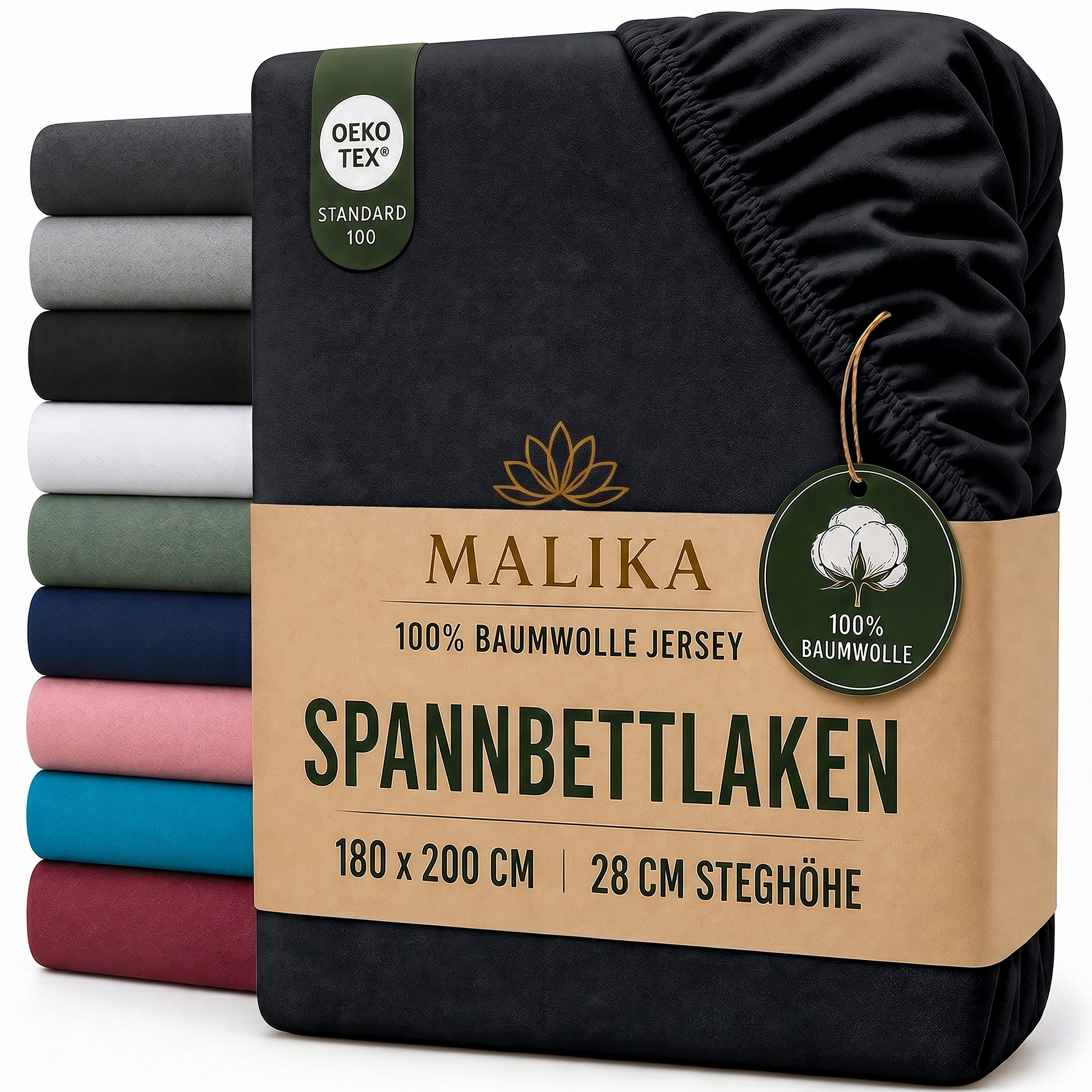 Malika Spannbettlaken aus 100% Baumwolle, 90-100x200, Schwarz, Jersey Baumwolle, Gummizug: Ja, (1 Stück), Allergikergeeignet, Pflegeleicht und Atmungsaktiv