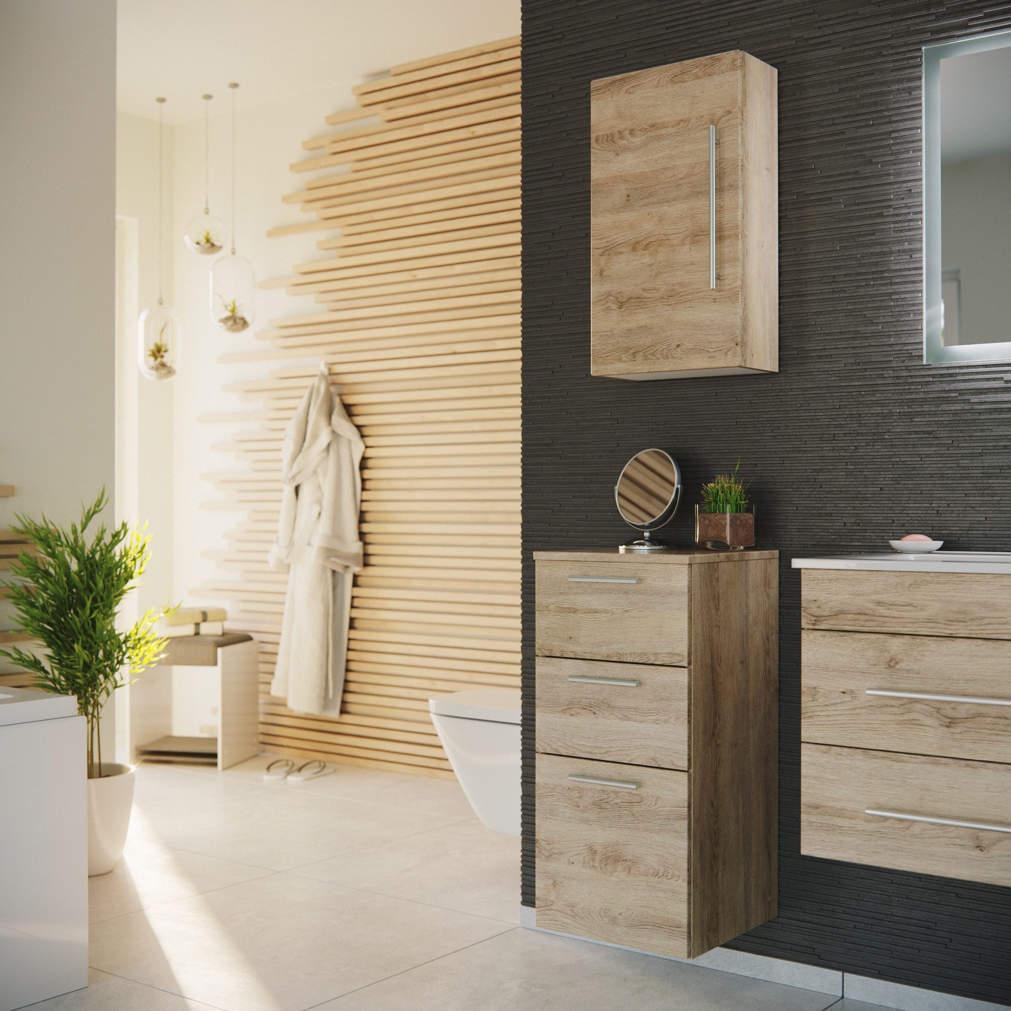 Magnolia Home Hängeschrank Badschrank-Set - Midischrank 75cm und Hängeschrank 62cm eiche hell