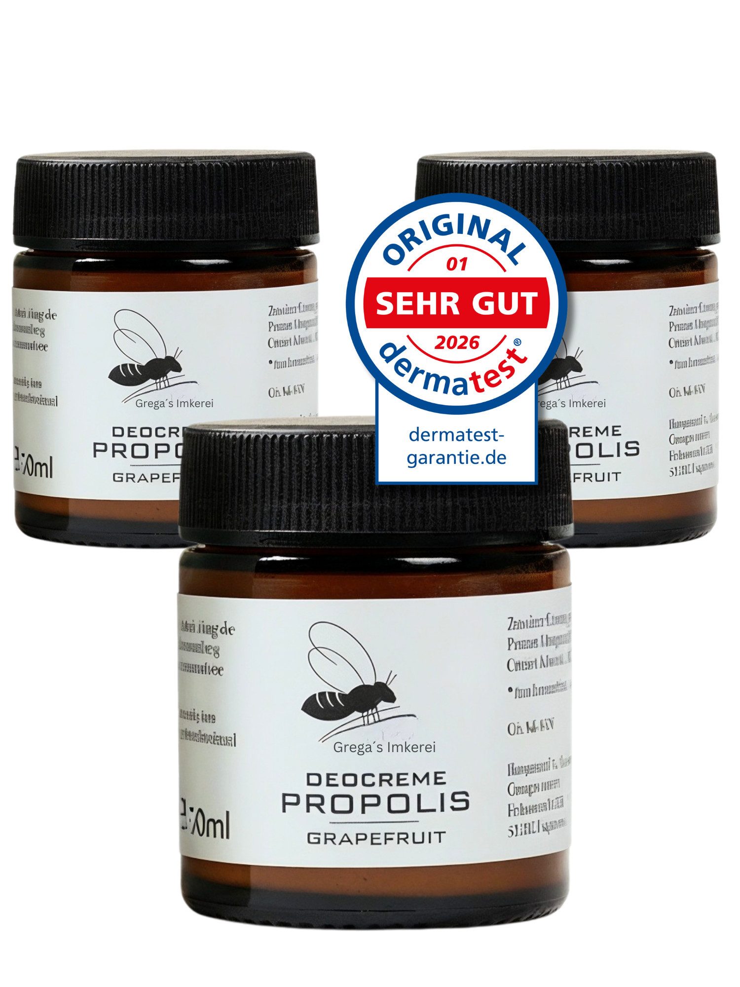 Grega´s Imkerei Deo-Creme Propolis Deocreme Grapefruit 30ml, Derma Test "Sehr gut" 2026, Im Glastigel Handgefertigt in Deutschland, 3-tlg., Zertifiziertes Naturprodukt ohne Aluminium