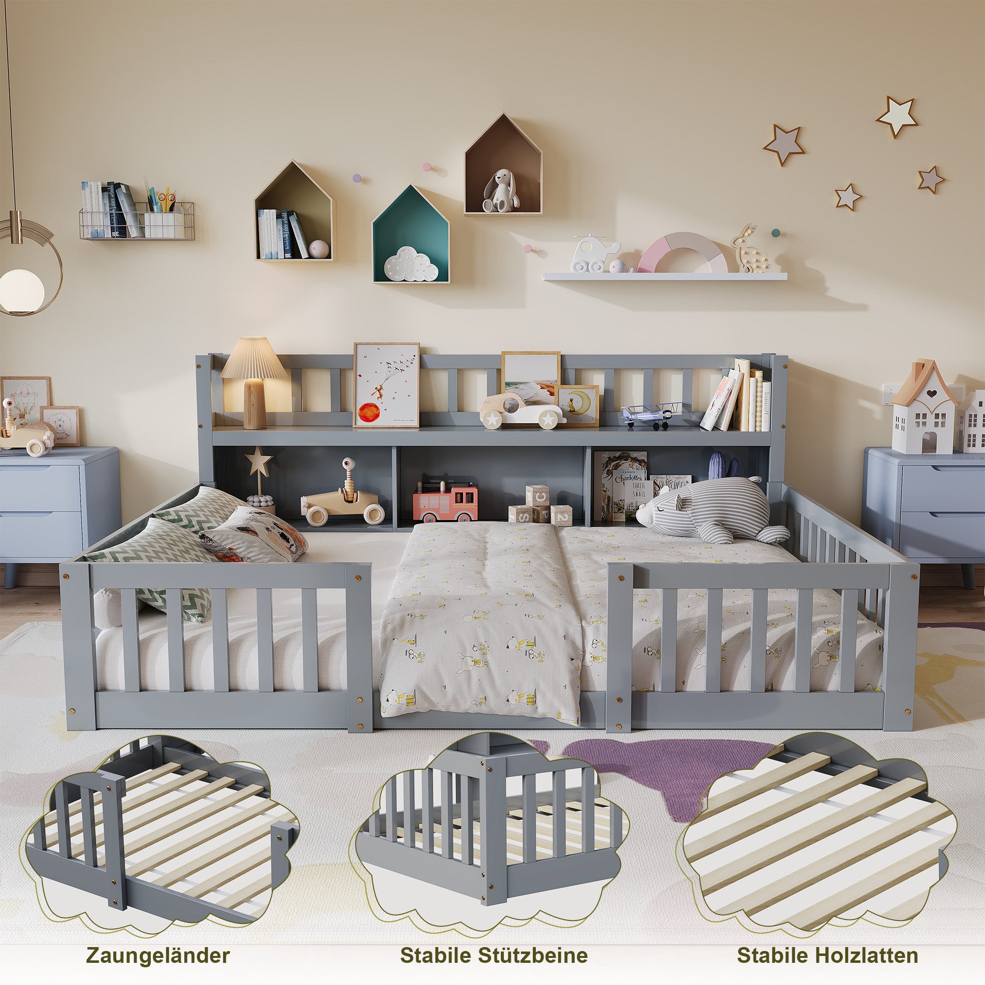 FUROKOY Kinderbett Bodenbett mit Rausfallschutz und Lattenrost (Set, 1-tlg., 140*200cm Bett,Grau), mit offenen Staufächern – Bild 4 von 5