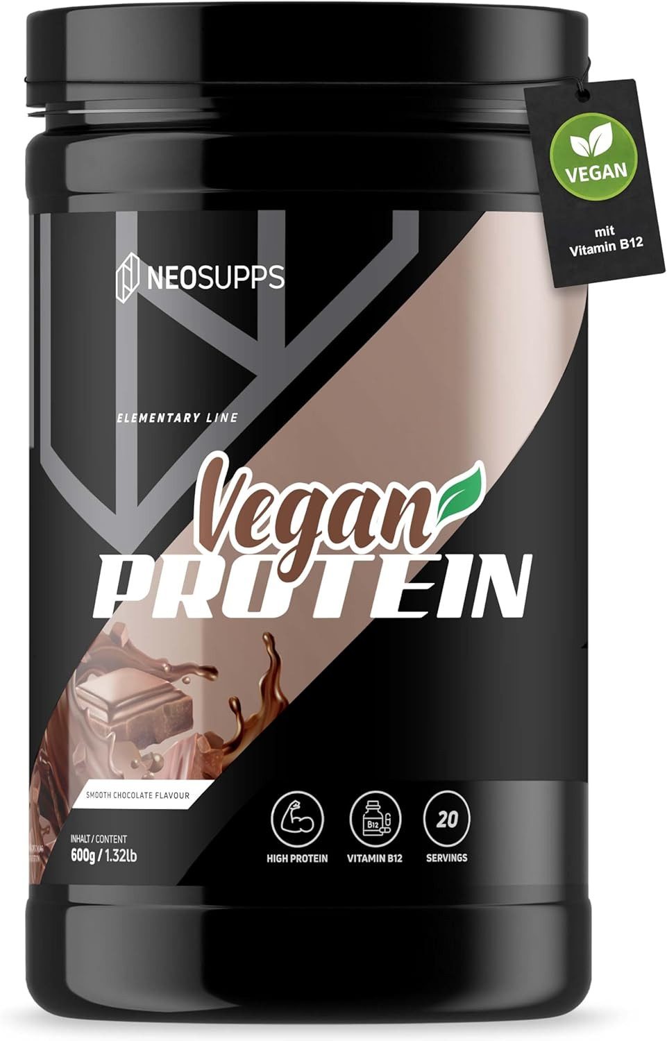 Neosupps Vegan Protein Pulver Smooth Choco 600g, mit Vitamin B12 & zuckerarm Pulver, 600 g, Veganes Proteinpulver aus Erbsen-, Reis- & Kürbiskernprotein