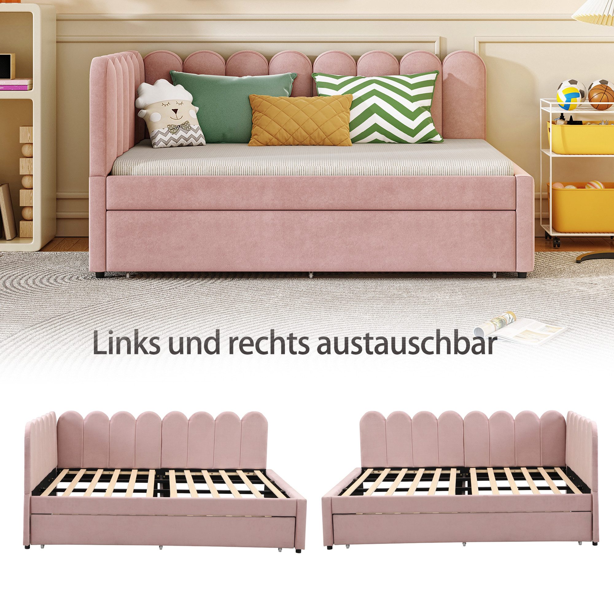 Odikalo Schlafsofa 90x200 140x200 Schlafcouch Polsterbett Jugendbett Kinderbett, L-förmiges Polsterbett, Schlafsofa 90x200 / 140x200 cm mit geblümter Rückenlehne und Ausziehbett in beige / rosa Samtstoff