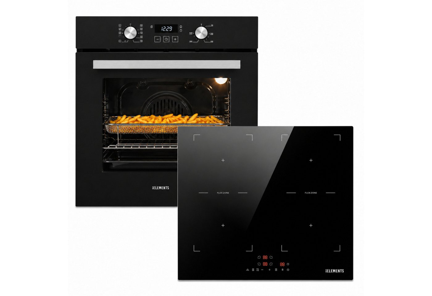 KB Elements Backofen-Set Einbaubackofen 60 cm mit 4-Zonen Induktionskochfeld 60cm, Steam Clean, Air Fry, Steam Clean, Circle Fan Heater, 2 x Flexzonen