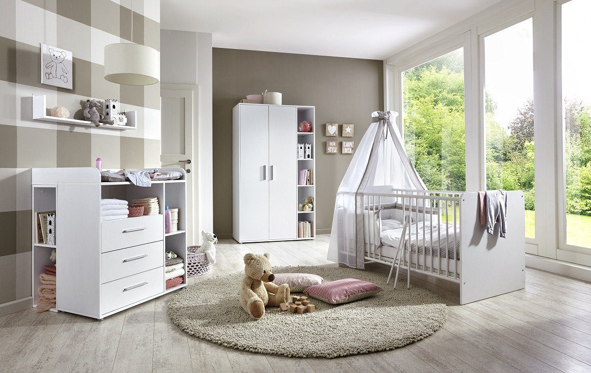 moebel-dich-auf Babyzimmer-Komplettset KIM 2, (Babyzimmer Kinderzimmer,  Babybett + Wickelkommode + Kleiderschrank + Unterbauregal-Set), optional  mit Matratze und Umbauseiten-Set