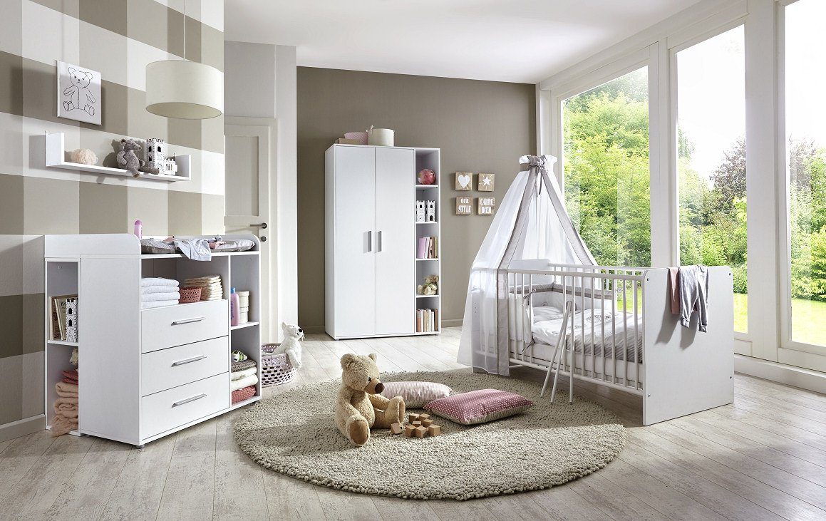 moebel-dich-auf Babyzimmer-Komplettset KIM 2, (in weiß, Babybett +  Wickelkommode + Kleiderschrank + Unterbauregal-Set), optional mit Matratze,  Umbauseiten-Set oder Textil-Set | Komplett-Babyzimmer