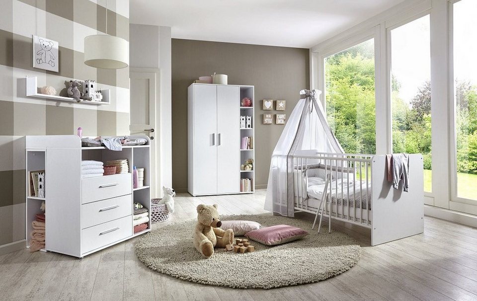 moebel-dich-auf Babyzimmer-Komplettset KIM 2, (in weiß, Babybett +  Wickelkommode + Kleiderschrank + Unterbauregal-Set), optional mit Matratze,  Umbauseiten-Set oder Textil-Set