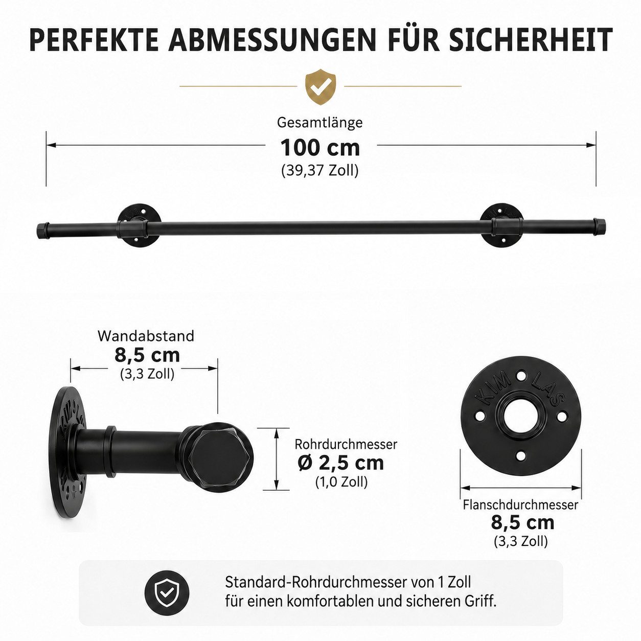 BlingBin Treppengeländer Treppenhandlauf aus Metall, Wandmontage Industrieller Handlauf, 100 cm Länge, Wandmontiertes Geländer, 27-tlg., 100 cm - 2,5 cm Durchmesser, Rohr handlauf, Griffstange treppe wand, Schwarz