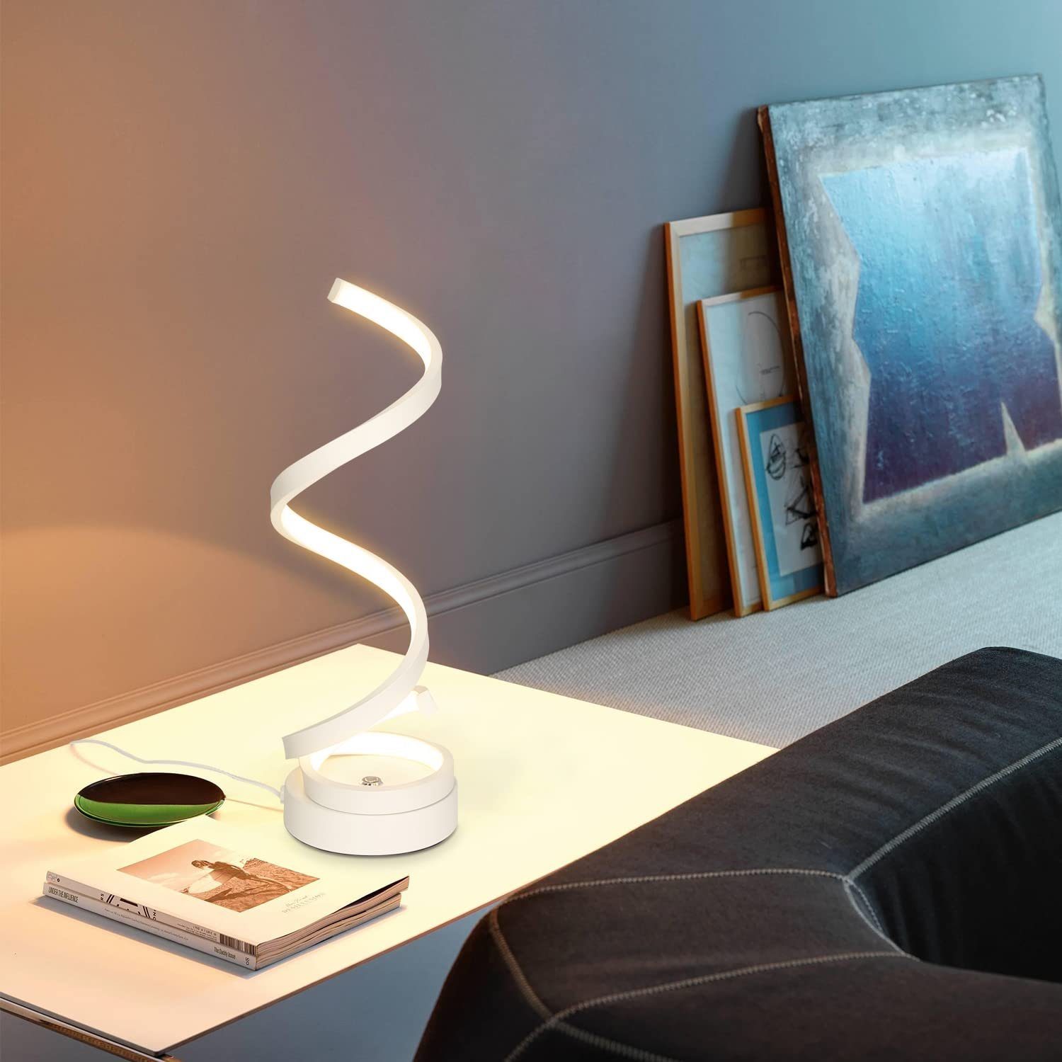 ZMH LED Tischleuchte Nachttischlampe 12W Modern Weiß Wohnzimmer Dimmbare fest Spiralförmig, warmweiß-kaltweiß, LED Berührungsschalter, integriert