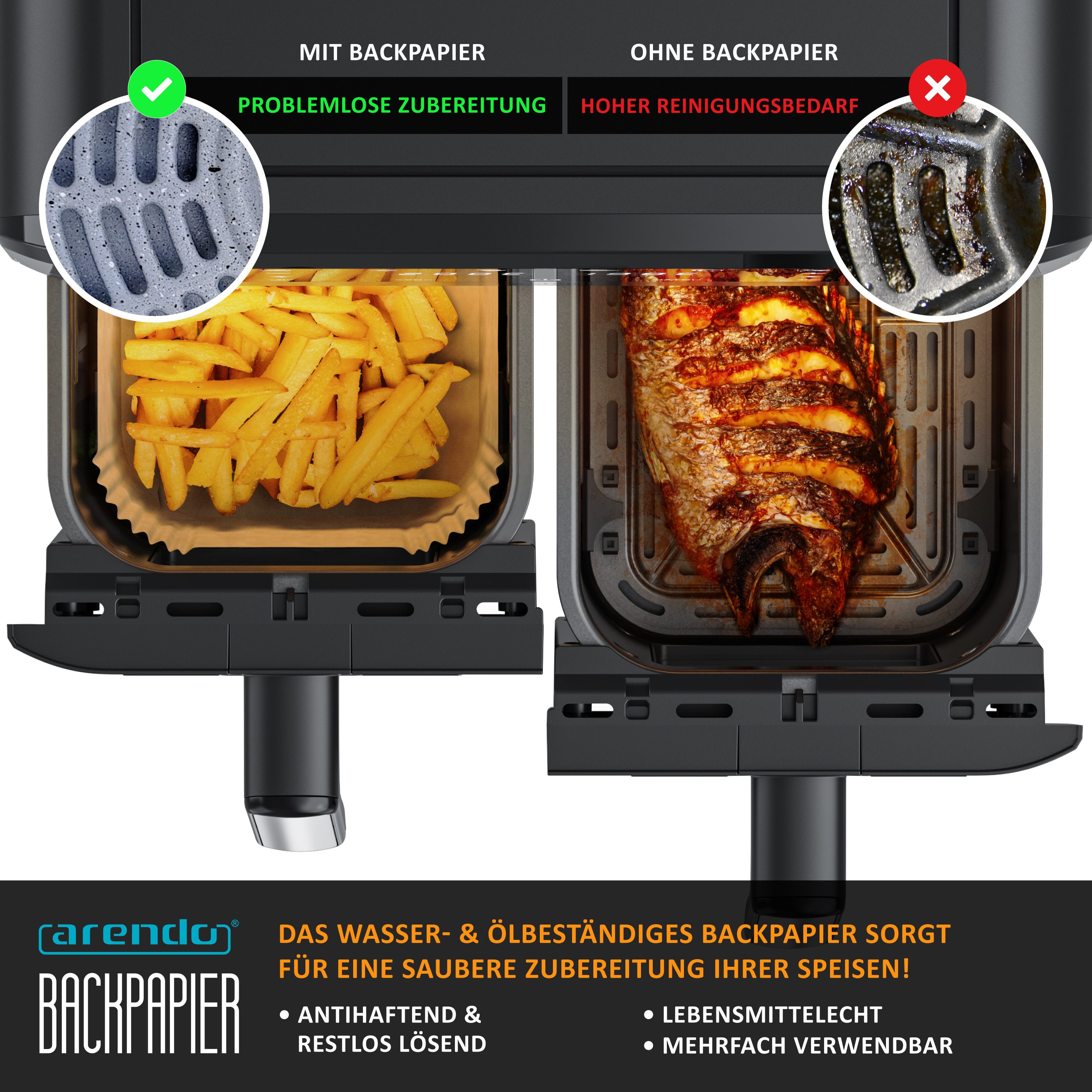 Arendo Backpapier für Heißluftfritteuse 4,5 - 10 L, 400 St., 22 x 14 x 4,5 cm, Antihaft, ungebleicht, wasser- und ölbeständig, für Airfryer, Ofen, Mikrowelle – Bild 4 von 5