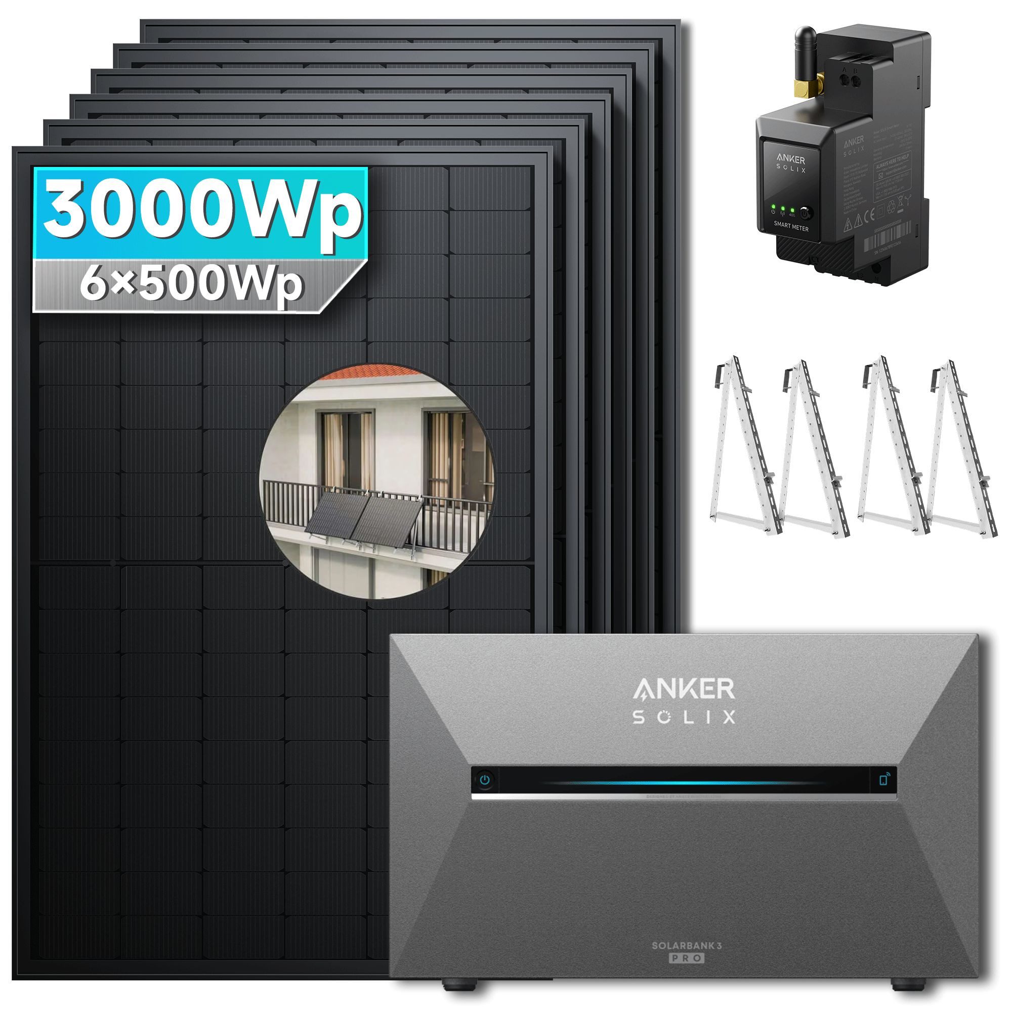 SolarMars Solaranlage 3000W Balkonkraftwerk mit Speicher Anker Solix Solarbank 3 E2700 Pro, (mit optionaler BP2700 Erweiterungsakku), mit intelligenter KI zur dynamischen Überwachung des Stromverbrauchs