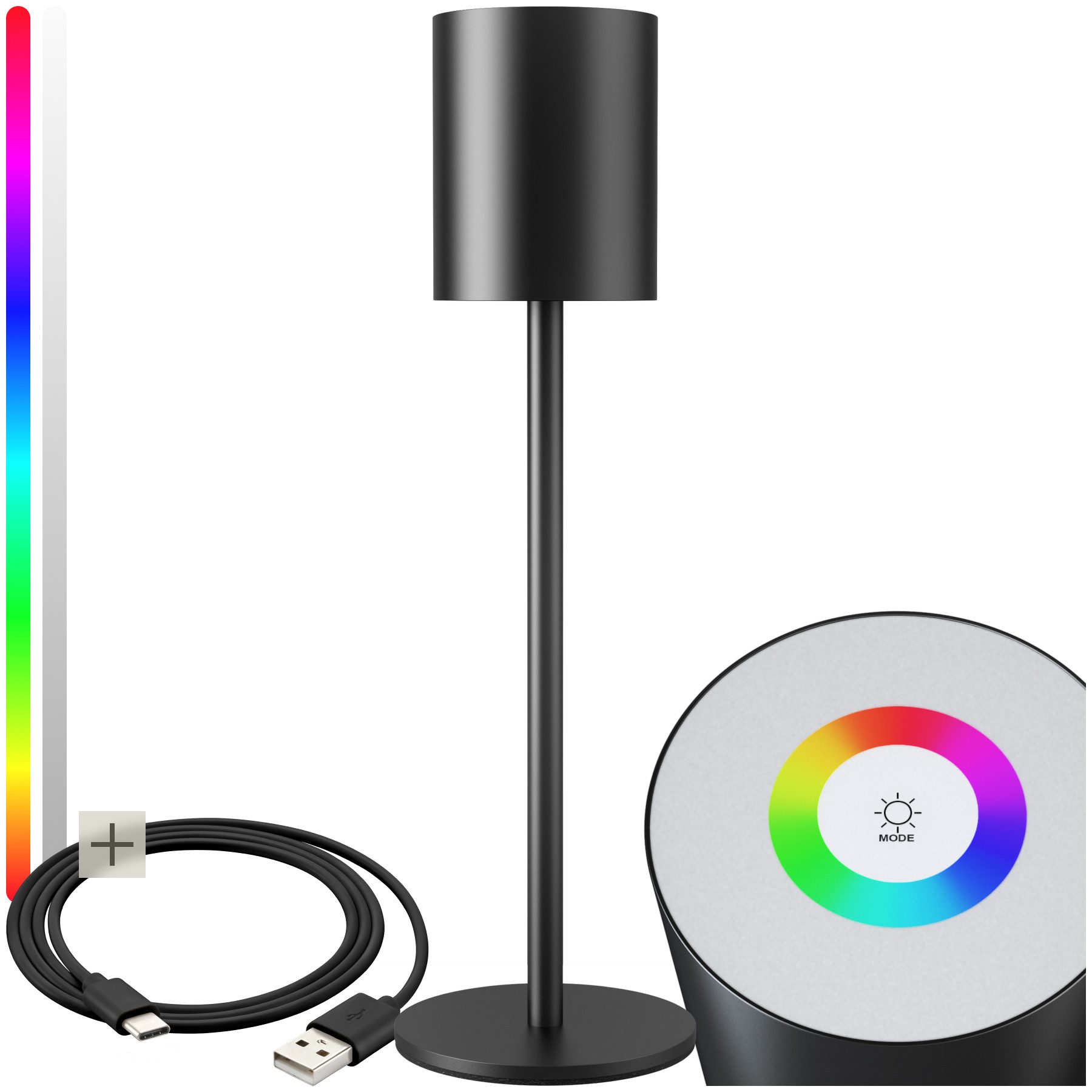 tectake Schreibtischlampe Akku-Tischlampe mit Metallgehäuse, inkl. Ladekabel, 10 x 37 cm, Dimmbar, Warmweiß, Modernes Design, stufenlos dimmbar, 7 RGB-Lichtfarben, Touchpanel
