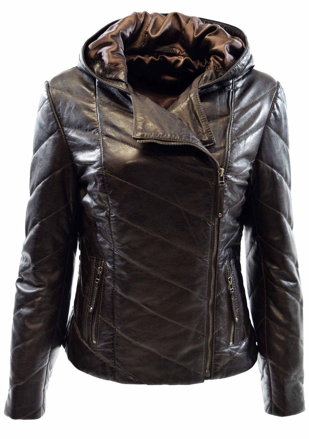 Zimmert Leather Lederjacke Elda Stepp-Lederjacke aus weichem Leder mit Kapuze Schwarz, Braun Tiefbraun