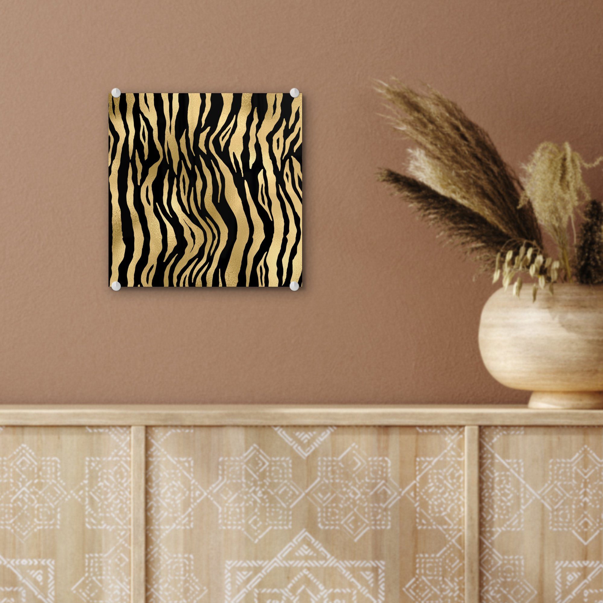 Wanddekoration - Glas Muster - Acrylglasbild St), Zebra auf (1 Gold, Glasbilder Glas - auf MuchoWow Wandbild Bilder - - Foto