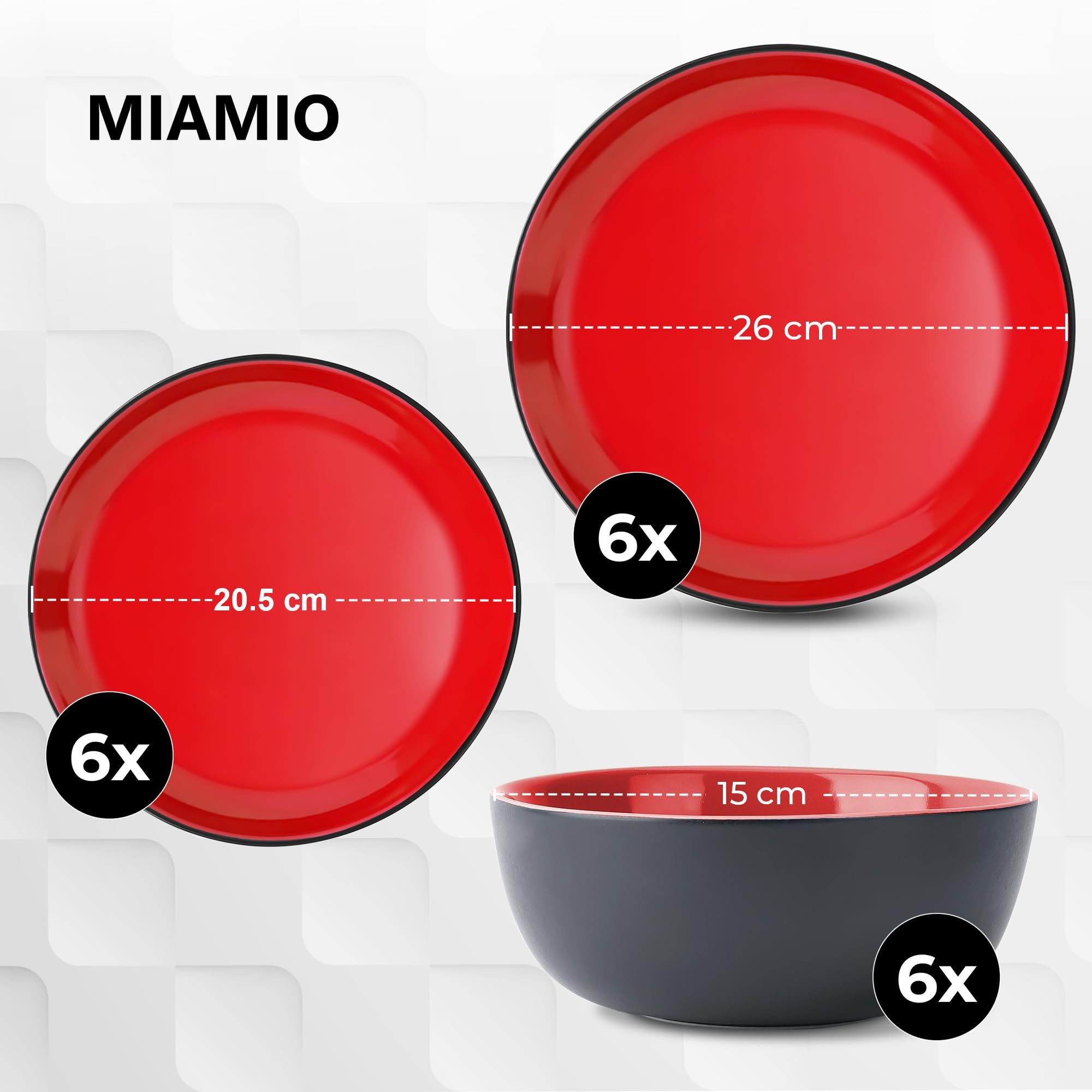MiaMio Kombiservice Tafelservice 18tlg Geschirrset 6 Personen Kombiservice Keramik - Rot (18-tlg), 6 Personen, Steingut, 18 Teile, für 6 Personen