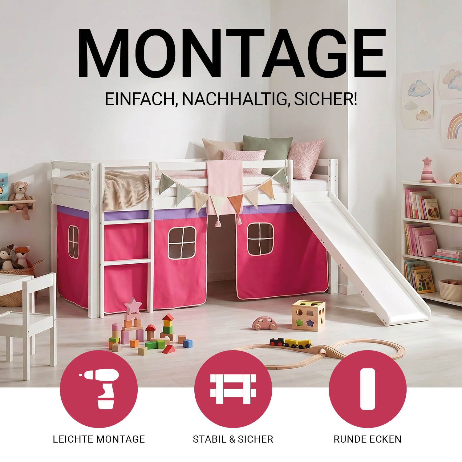 Homestyle4u Hochbett 90x200 cm Kinderbett Weiß mit Vorhang Pink (Set, mit Rutsche, Lattenrost, Spielbett) mit Lattenrost und Rutsche