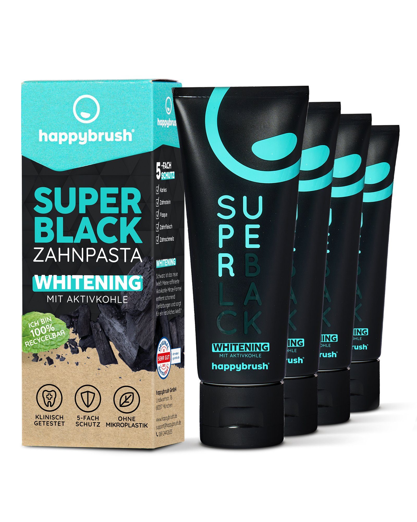 happybrush Zahnpasta SuperBlack 4er Set, (4er Set)