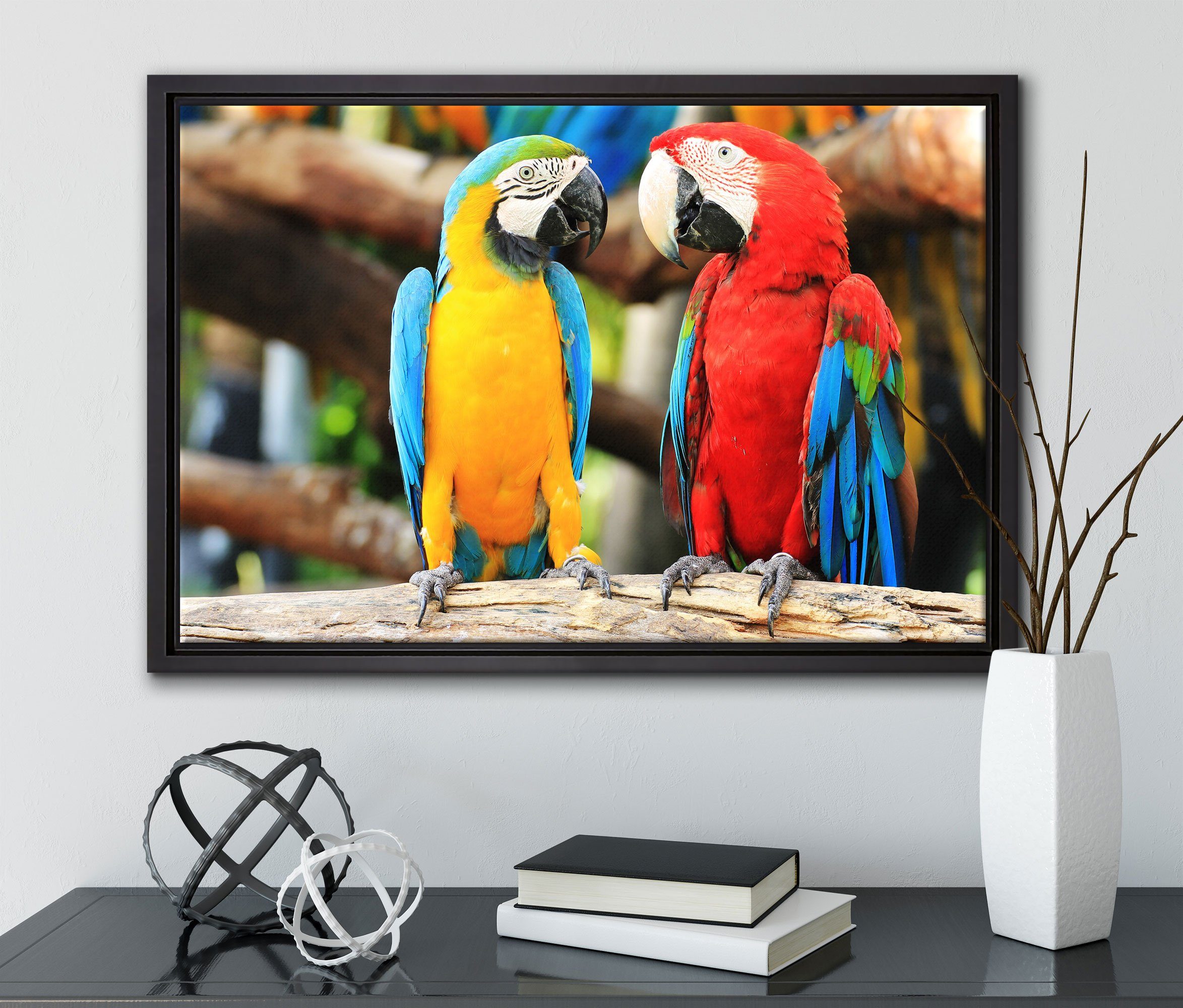 Papageien inkl. Ast, in einem Leinwandbild St), Zwei auf Schattenfugen-Bilderrahmen Leinwandbild bespannt, Wanddekoration Zackenaufhänger gefasst, einem Pixxprint (1 fertig