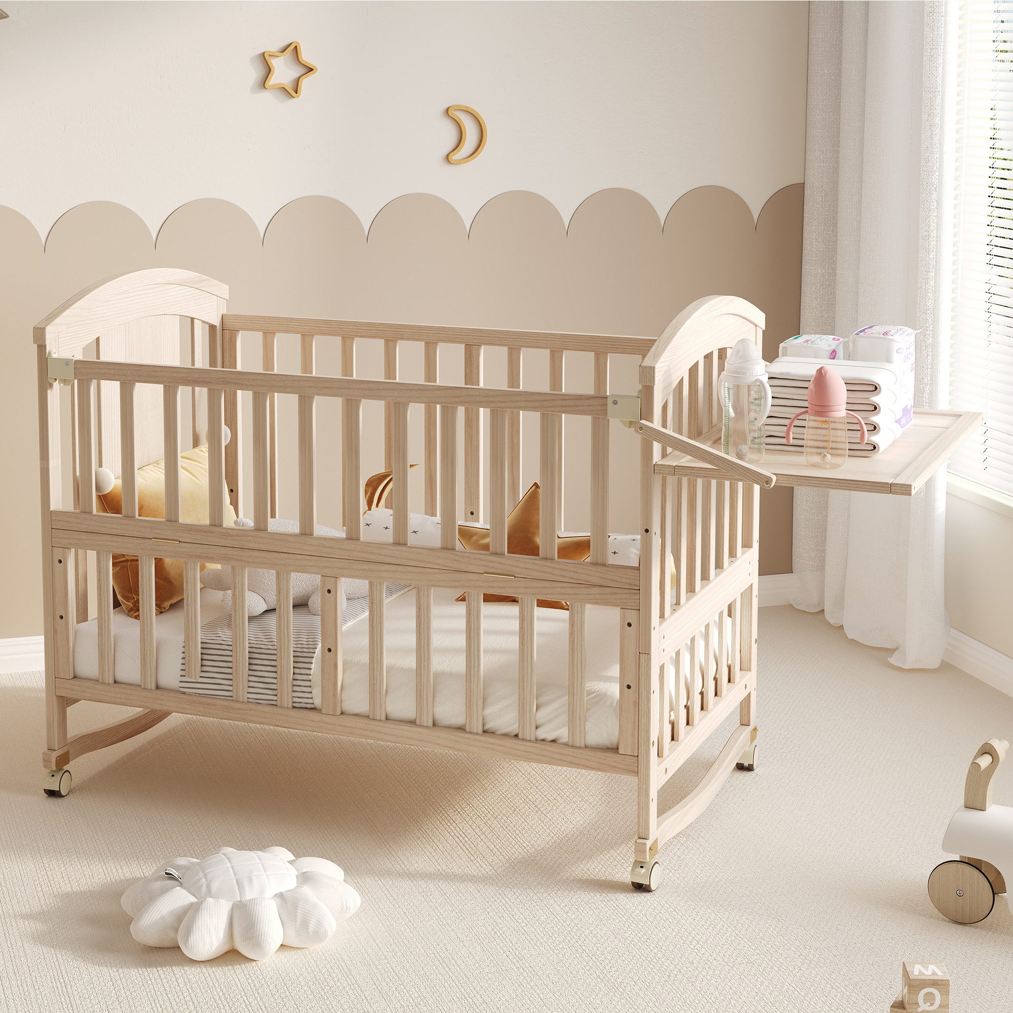 Merax Babybett 60x(120-160)cm, Verlängerbar Gitterbett mit Klappbarem Ablagerack, Höhenverstellbar Kinderbett, Umwandelbar in Nebenbett, Natur