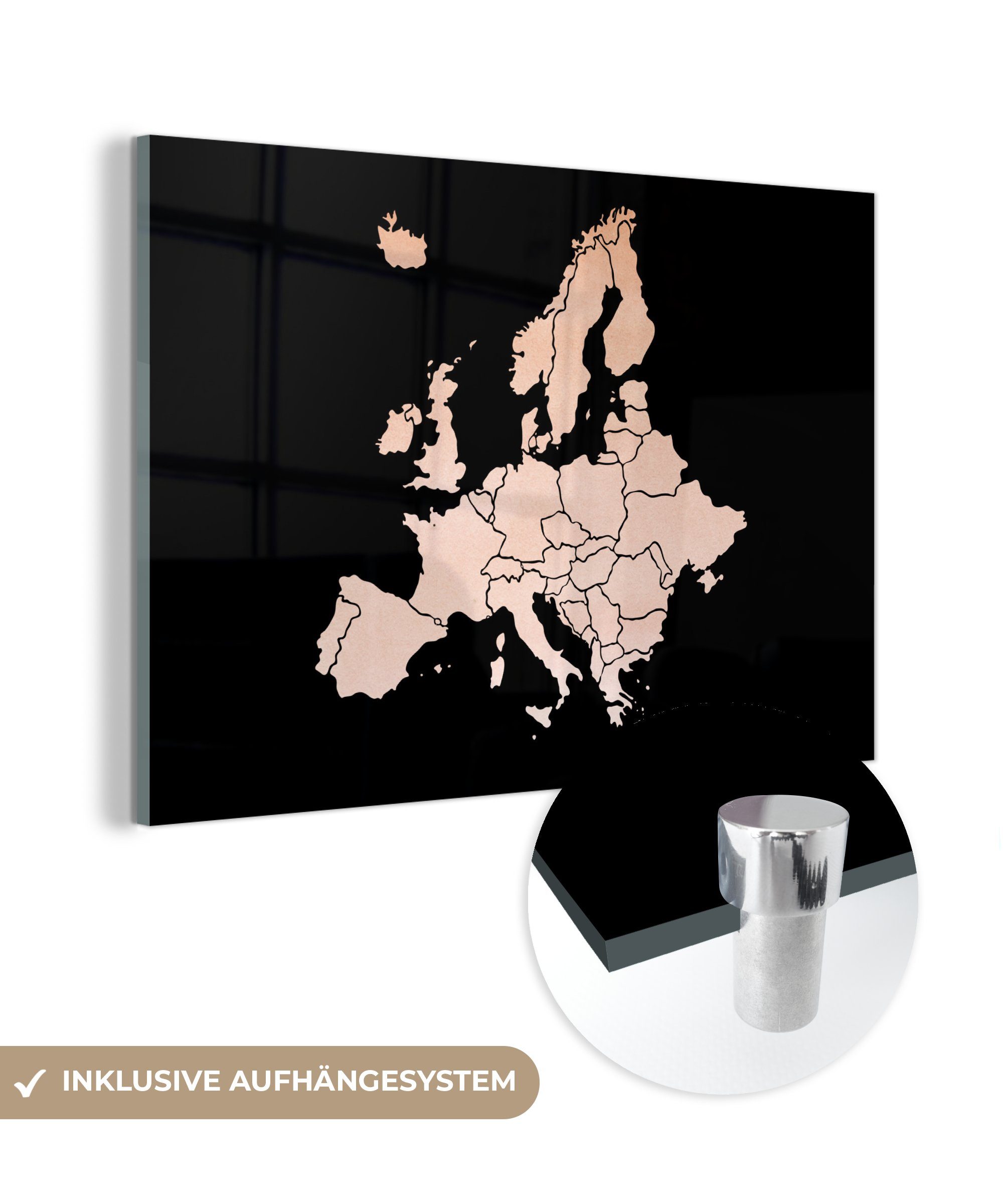 MuchoWow Acrylglasbild Karte - Europa - Rosa, (1 St), Acrylglasbilder Wohnzimmer & Schlafzimmer