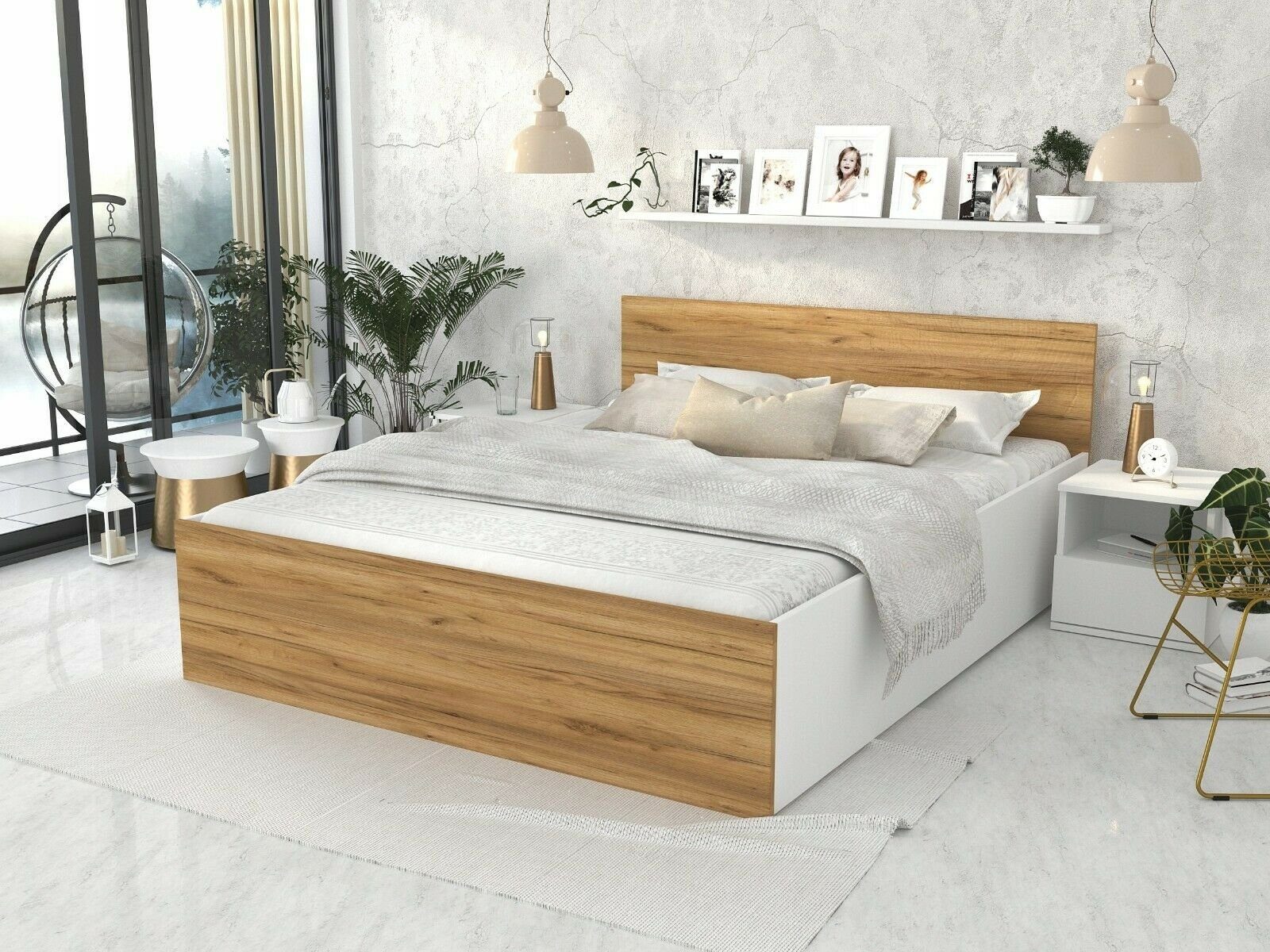 - - Lattenrost Weiß-Eiche Bett mit Bettgestell Doppelbett mit/ohne Jugendbett pressiode Matratze