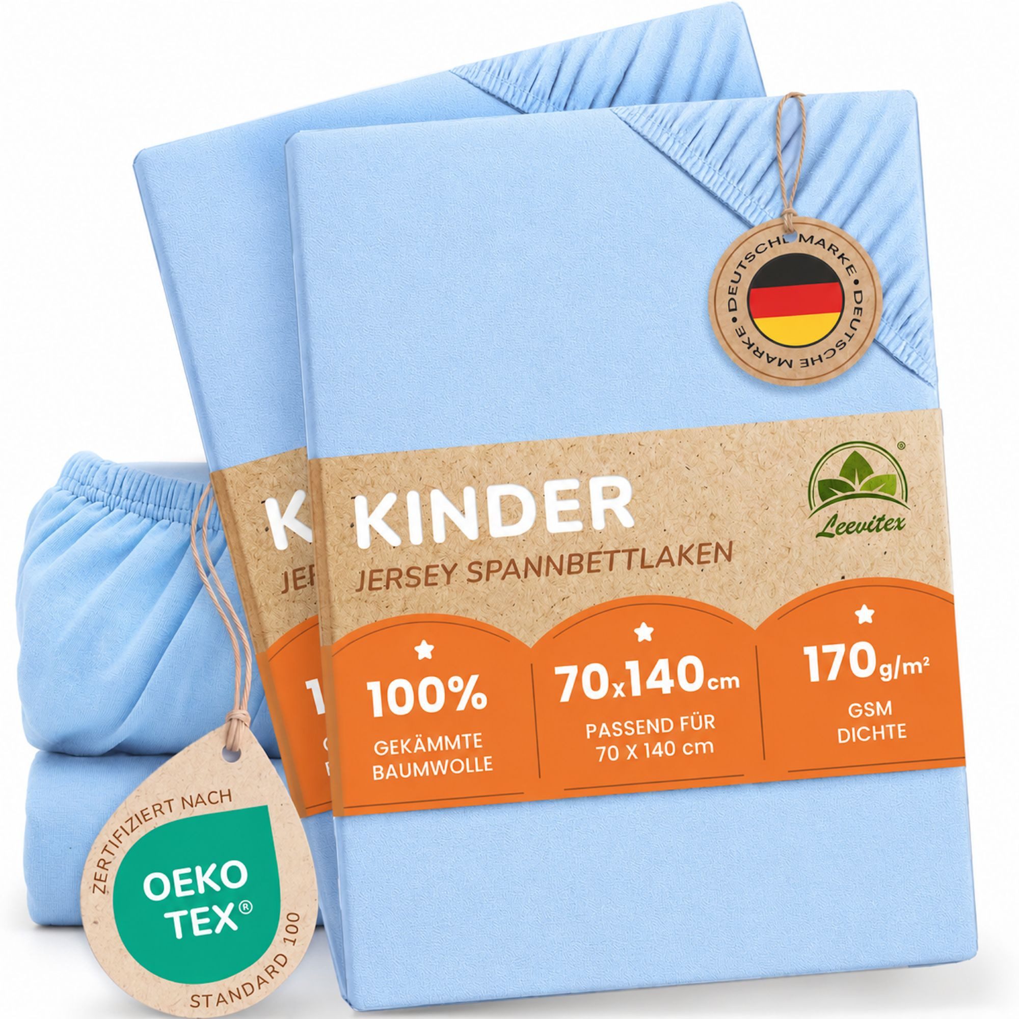 leevitex® Spannbettlaken für Kinderbetten, 2er-Set, 70 x 140 cm, Steghöhe 15 cm, Jersey, Gummizug: rundum, (2 Stück), verschiedene Farben, OEKO-TEX® STANDARD 100 zertifiziert