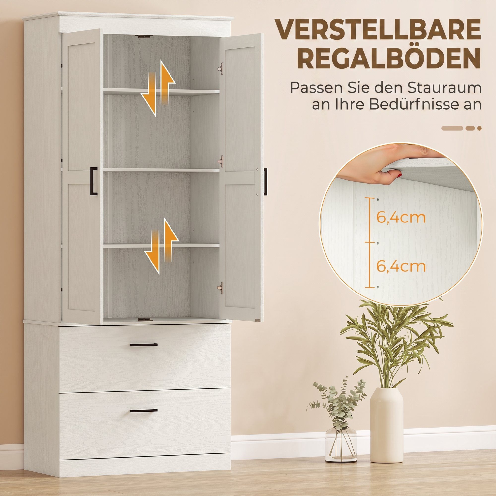 HOMCOM Hochschrank Buffetschrank mit 2 Schubladen (Set, 1-St., 1er Set) Kippsicherung, verstellbare Einlegeböden – Bild 5 von 5