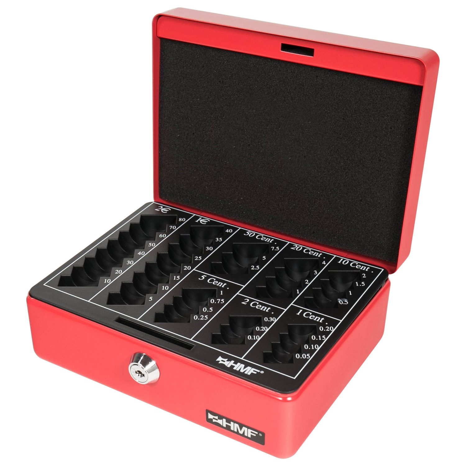 HMF Geldkassette Abschließbare Bargeldkasse mit Euro-Münzbrett, Geldbox mit Schlüssel, 20 x16 x 9 cm, rot