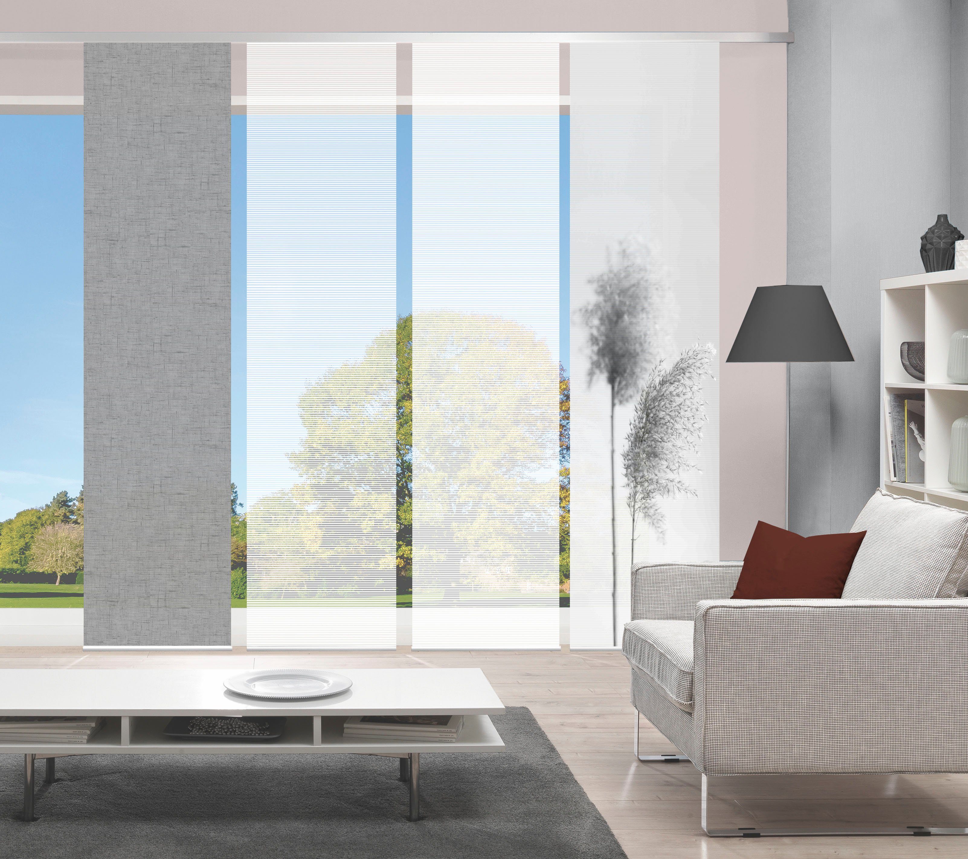 Vision S Schiebegardine IRLOS 4er SET (4 St), Paneelwagen, halbtransparent, Schiebevorhang Digidruck 4er Set IRLOS