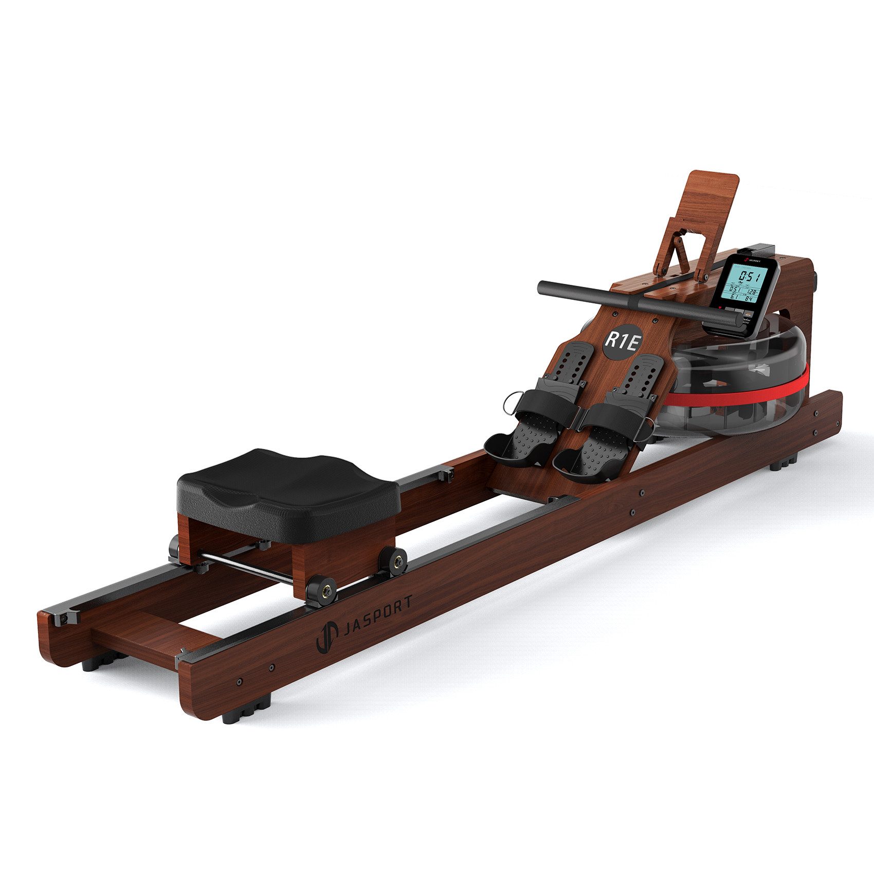 JASPORT Rudergerät R1E mit Wasserwiderstand aus Eiche für Zuhause, Kinomap, 28 L, 150 kg (Trainingscomputer, Wassertank, Rudergerät, Bedienungsanleitung), 28L Wassertank mit 12-Blatt-System, realistischer Wasserwiderstand