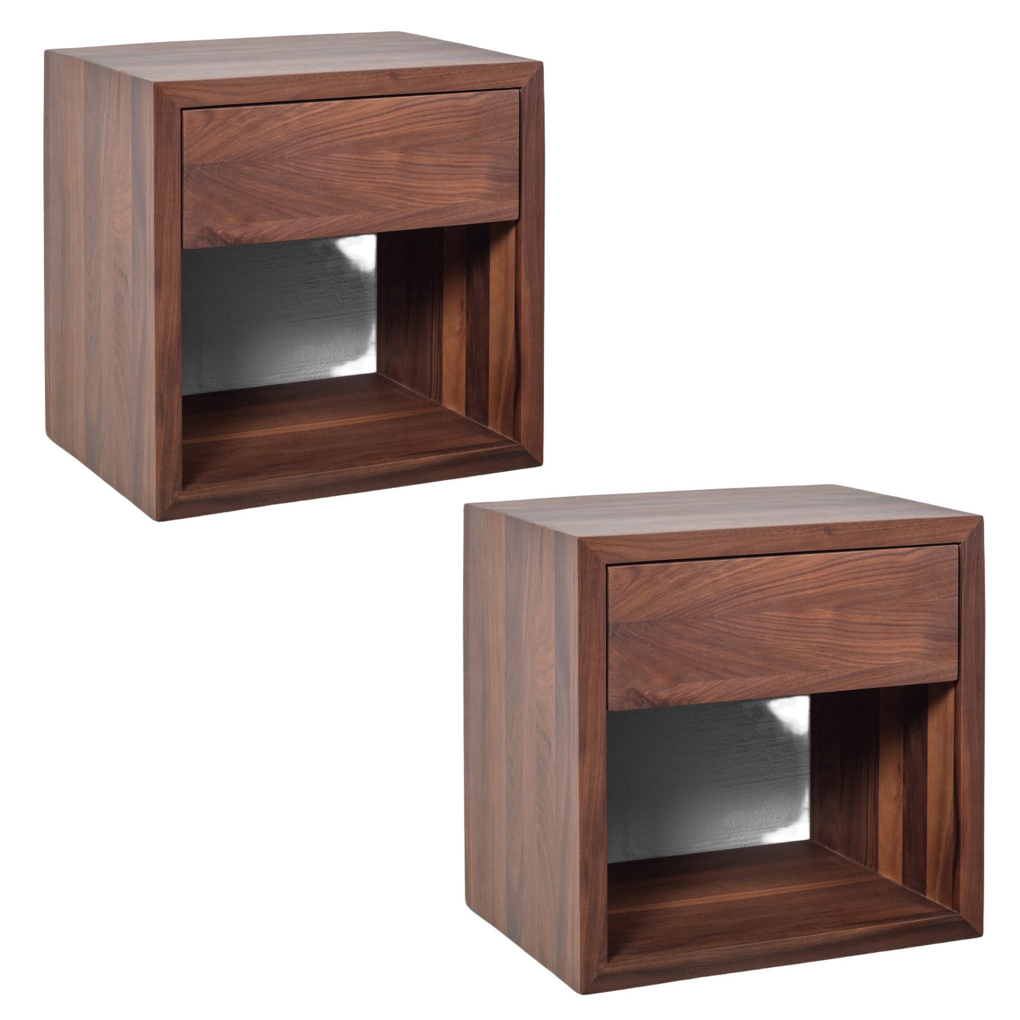 Woodek Design Nachttisch 2er-Set Nachttisch Hugo Cubic 39 aus massivem Nussbaum (Beistelltisch aus matt lackiertem Walnussholz, 2-St., elegantes Wandregal), Nachtkommode mit Schublade und Ablage