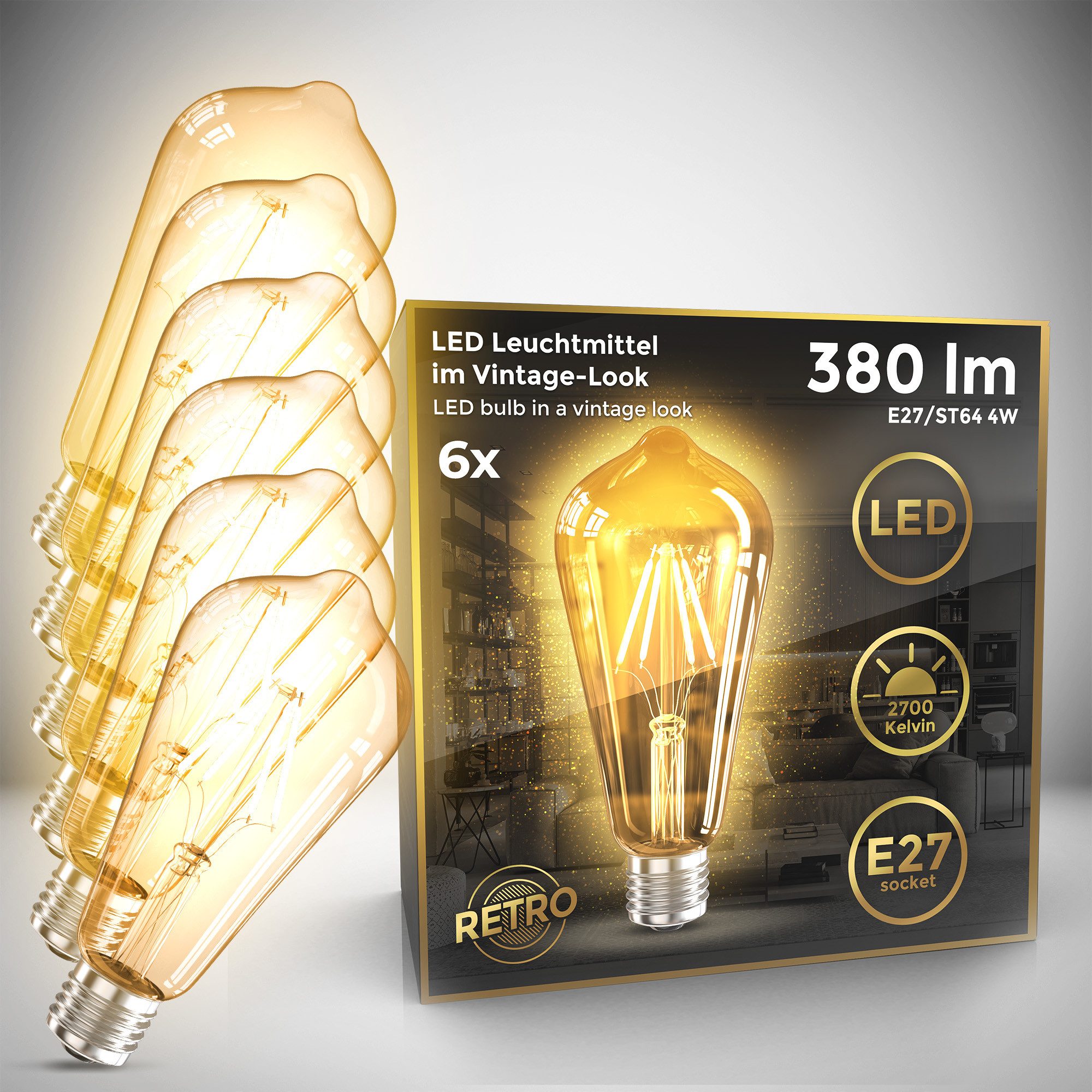B.K.Licht LED-Leuchtmittel LED Leuchtmittel 6er Set E27 ST64, E27, 6 St., Warmweiß, 2.700 K Edison Vintage Glühbirne Filament