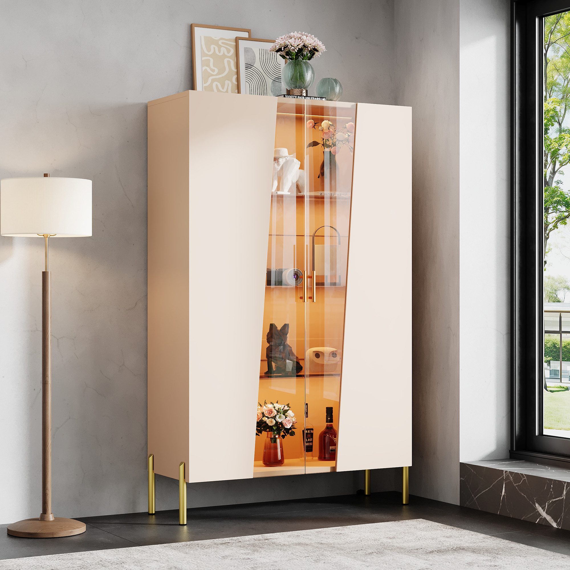 Flieks Glasvitrine Hochschrank mit 3 höhenverstellbarer Glaseinlegeböden, LED-Beleuchtung (4 Ebenen, B72 x T40 x H145 cm, 1-St., Mehrzweckschrank Bücherregal für Wohnzimmer, Esszimmer, Schlafzimmer) Multifunktionsschrank Standvitrine mit asymmetrischer Glastür Beige